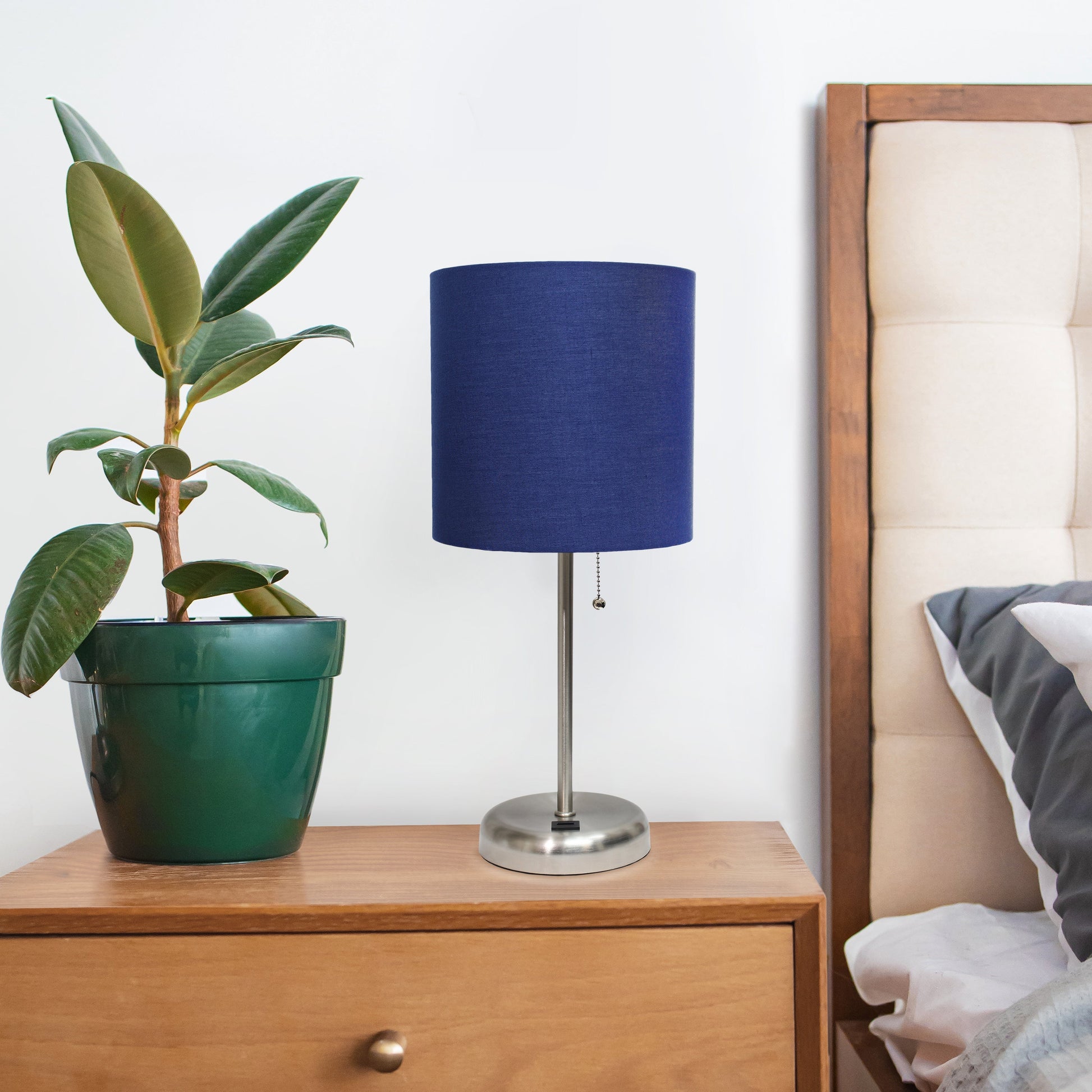 All The Rages Oslo 20" Brushed Steel Base Standard Table Lamp With USB Power Outlet & Navy Fabric Shade