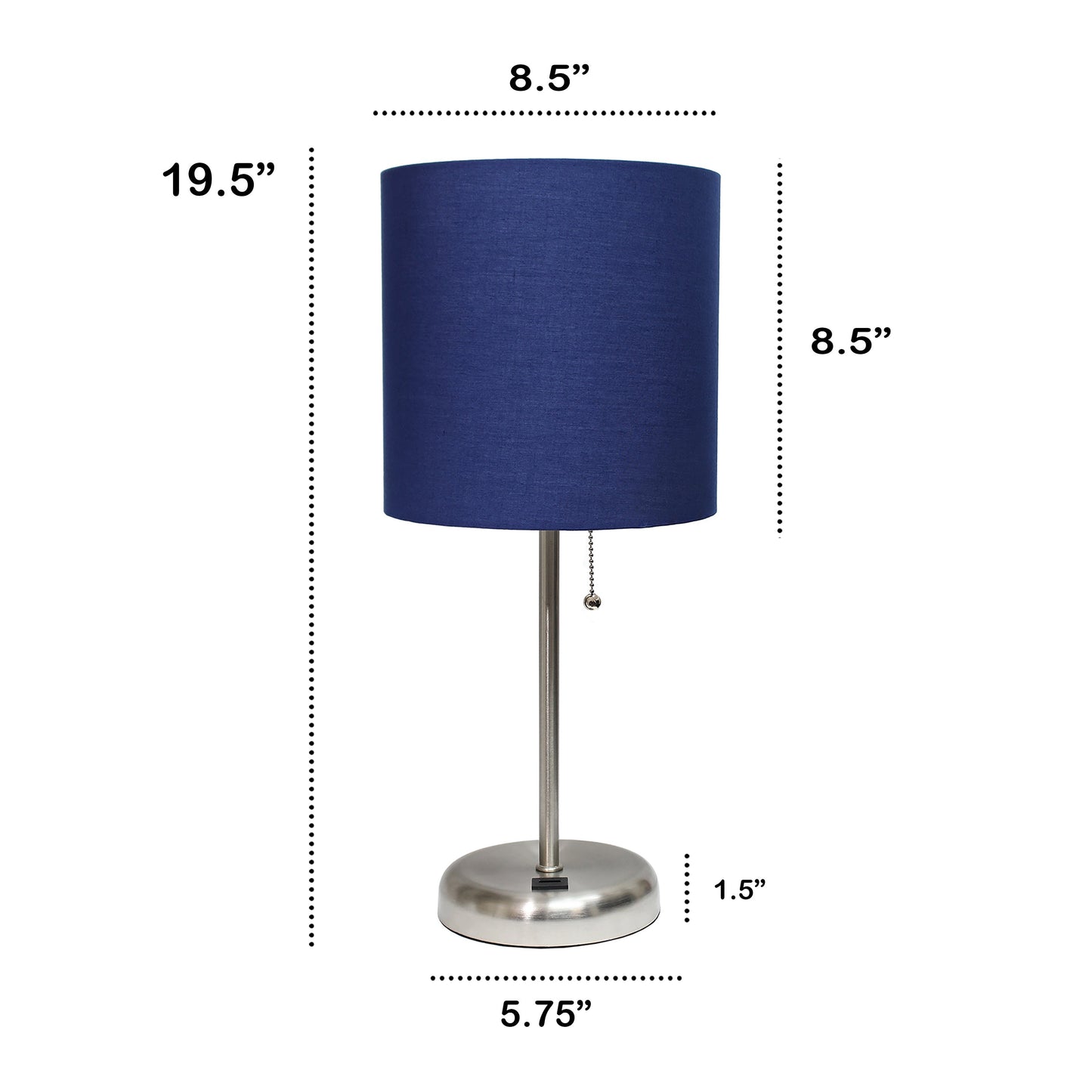 All The Rages Oslo 20" Brushed Steel Base Standard Table Lamp With USB Power Outlet & Navy Fabric Shade