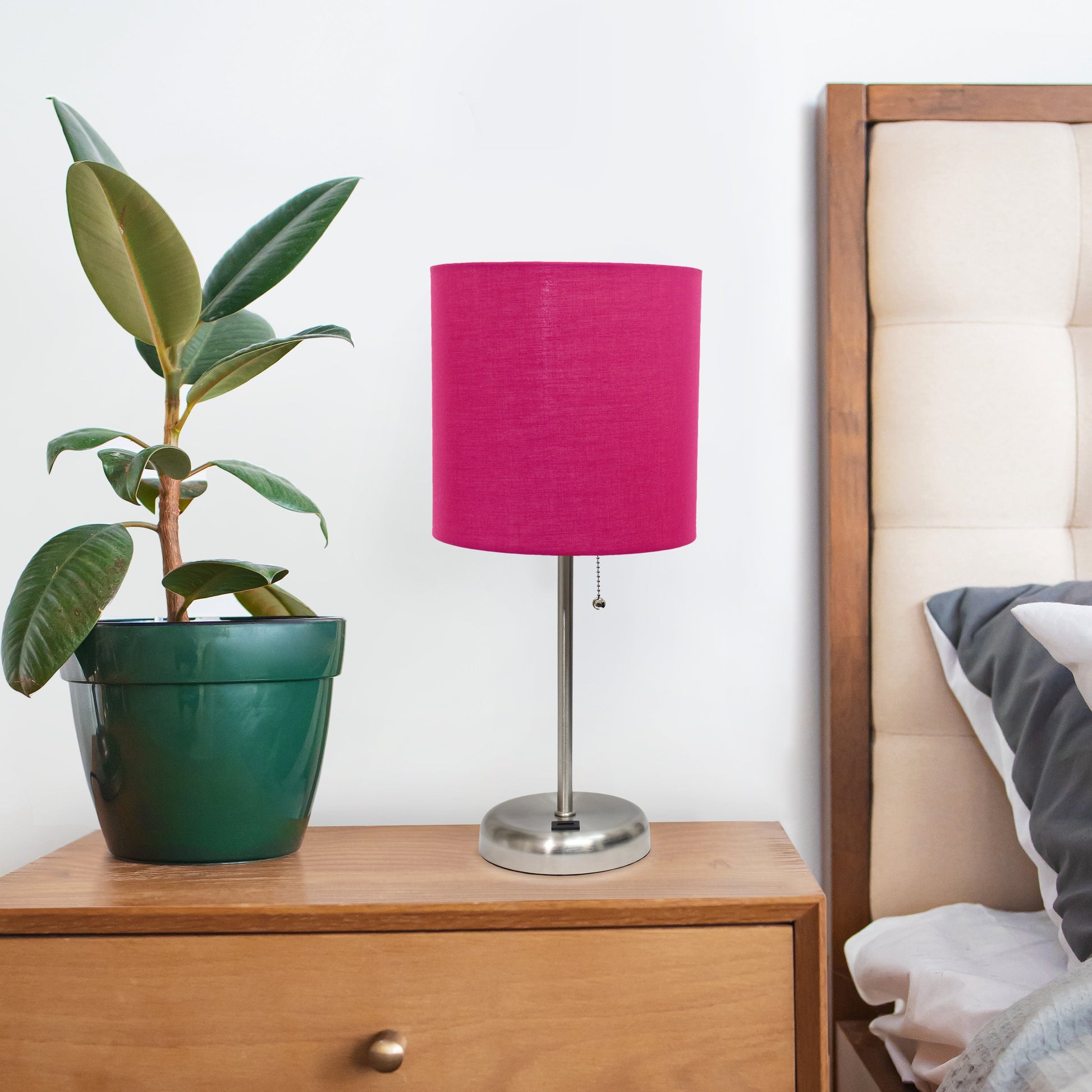All The Rages Oslo 20" Brushed Steel Base Standard Table Lamp With USB Power Outlet & Pink Fabric Shade