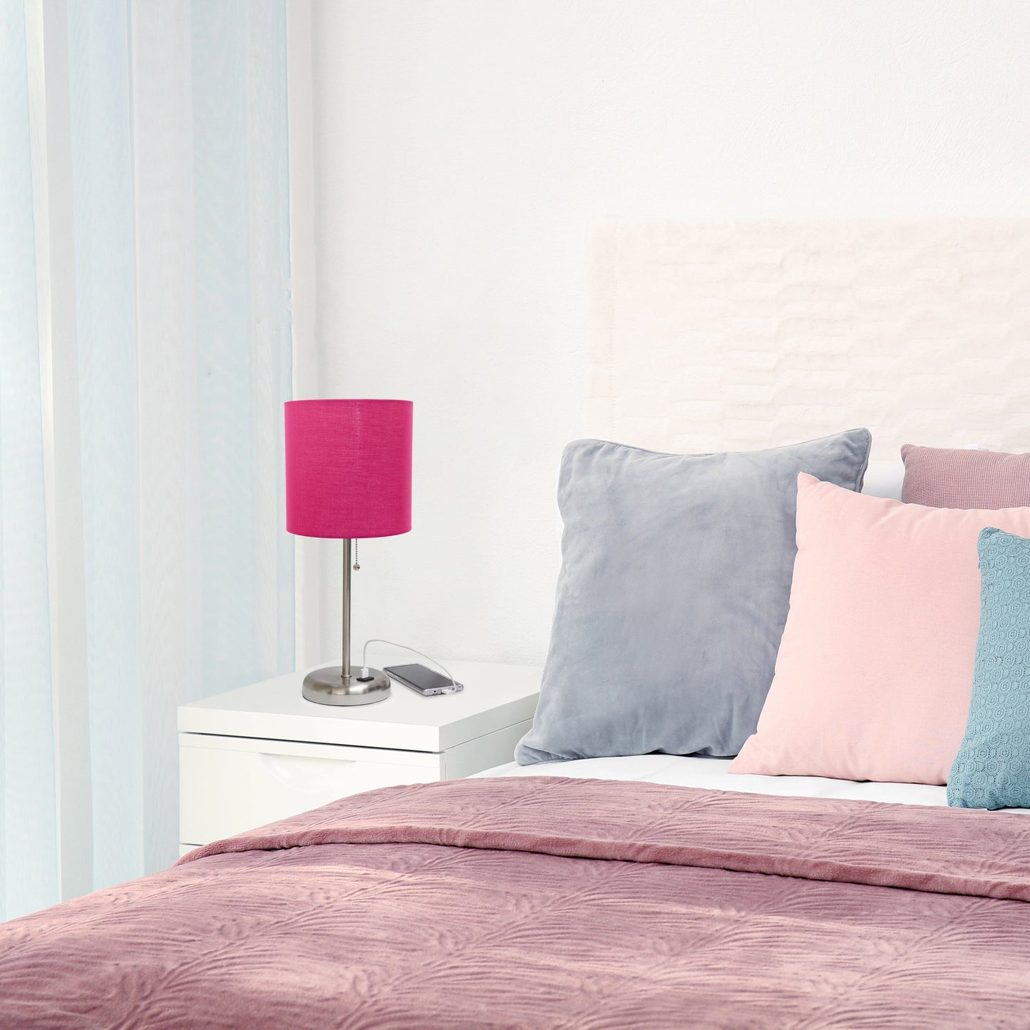 All The Rages Oslo 20" Brushed Steel Base Standard Table Lamp With USB Power Outlet & Pink Fabric Shade