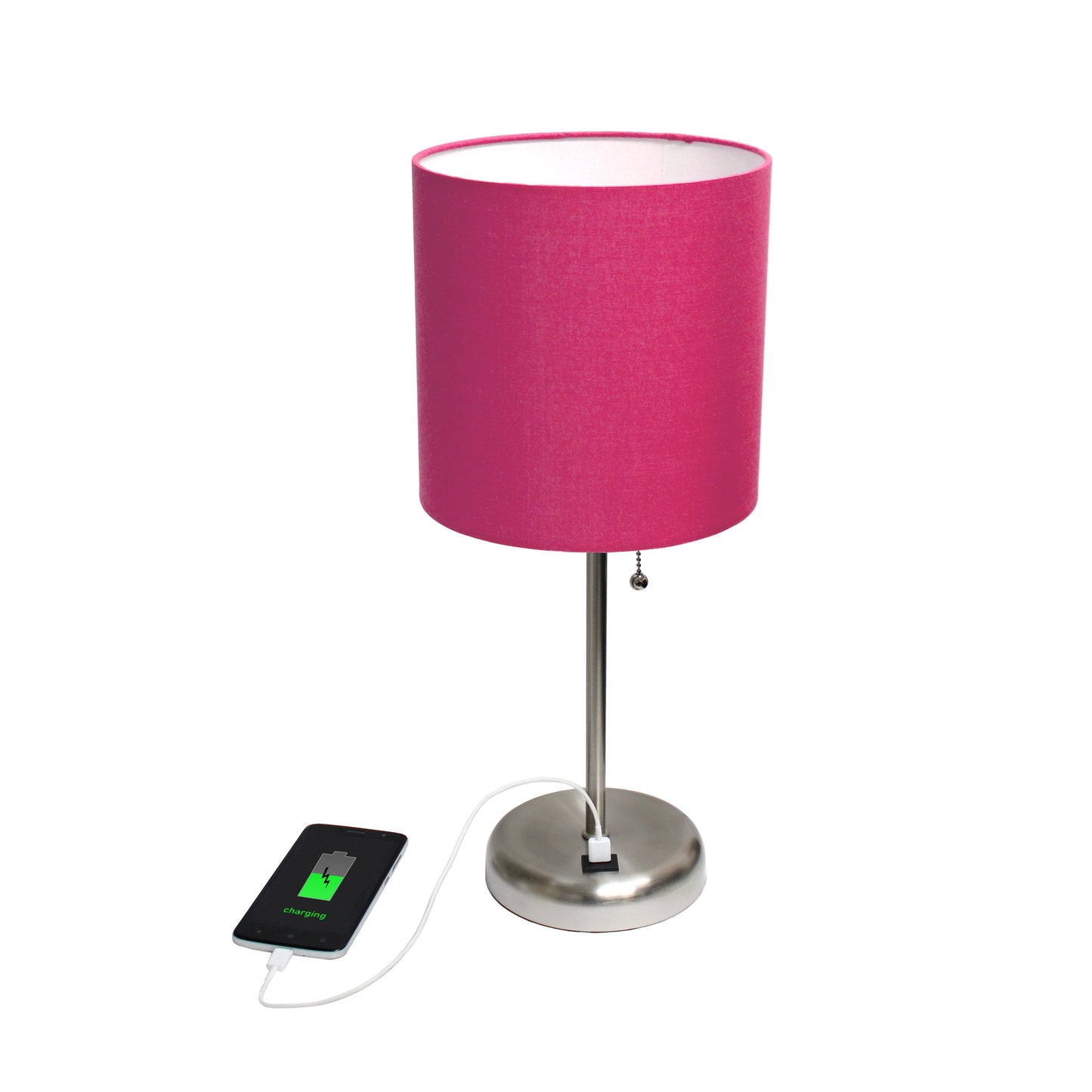 All The Rages Oslo 20" Brushed Steel Base Standard Table Lamp With USB Power Outlet & Pink Fabric Shade
