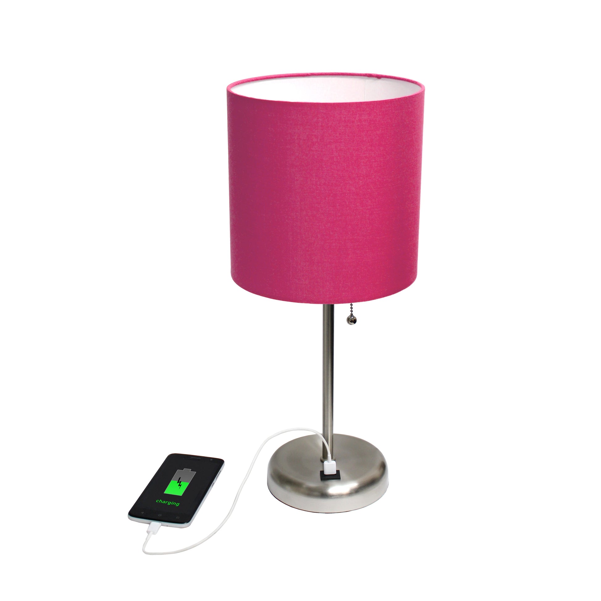 All The Rages Oslo 20" Brushed Steel Base Standard Table Lamp With USB Power Outlet & Pink Fabric Shade