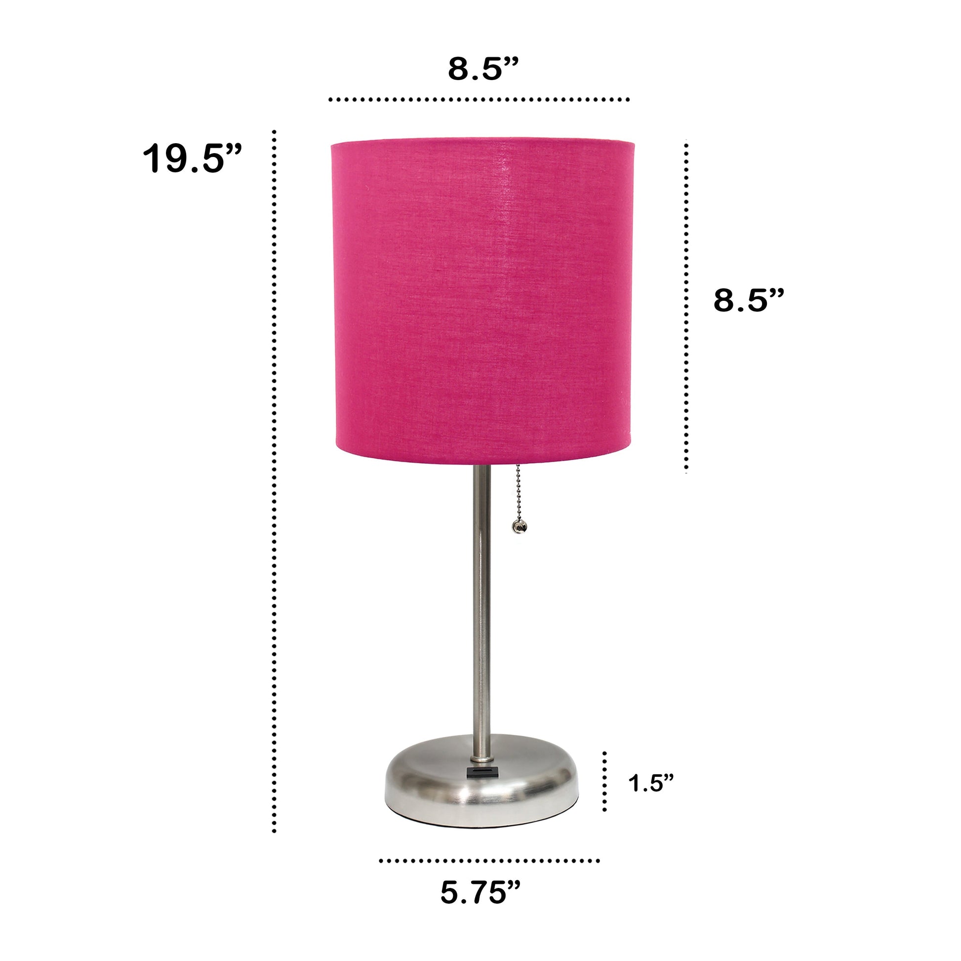 All The Rages Oslo 20" Brushed Steel Base Standard Table Lamp With USB Power Outlet & Pink Fabric Shade