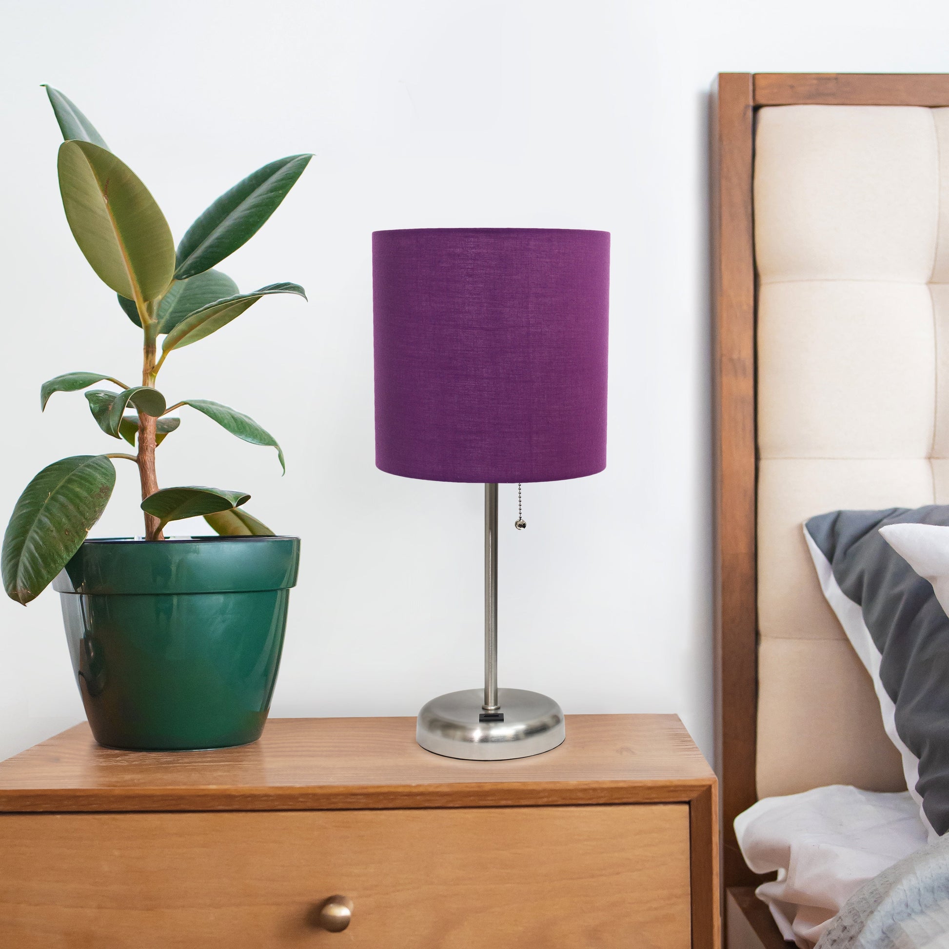 All The Rages Oslo 20" Brushed Steel Base Standard Table Lamp With USB Power Outlet & Purple Fabric Shade