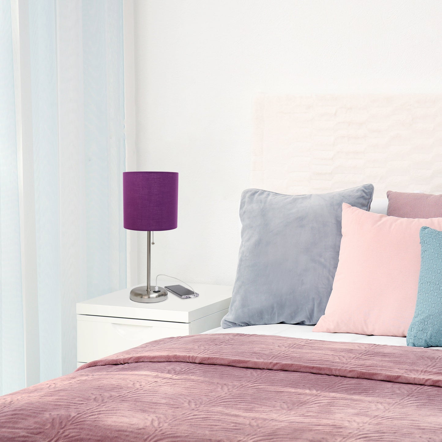 All The Rages Oslo 20" Brushed Steel Base Standard Table Lamp With USB Power Outlet & Purple Fabric Shade