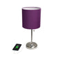 All The Rages Oslo 20" Brushed Steel Base Standard Table Lamp With USB Power Outlet & Purple Fabric Shade