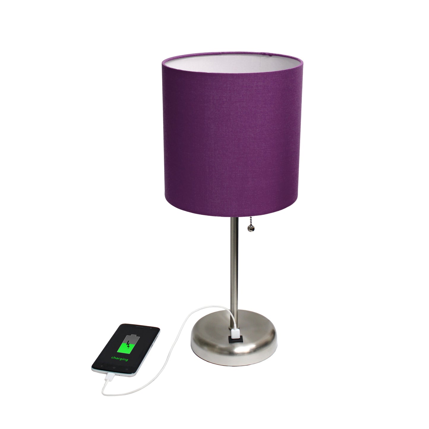 All The Rages Oslo 20" Brushed Steel Base Standard Table Lamp With USB Power Outlet & Purple Fabric Shade
