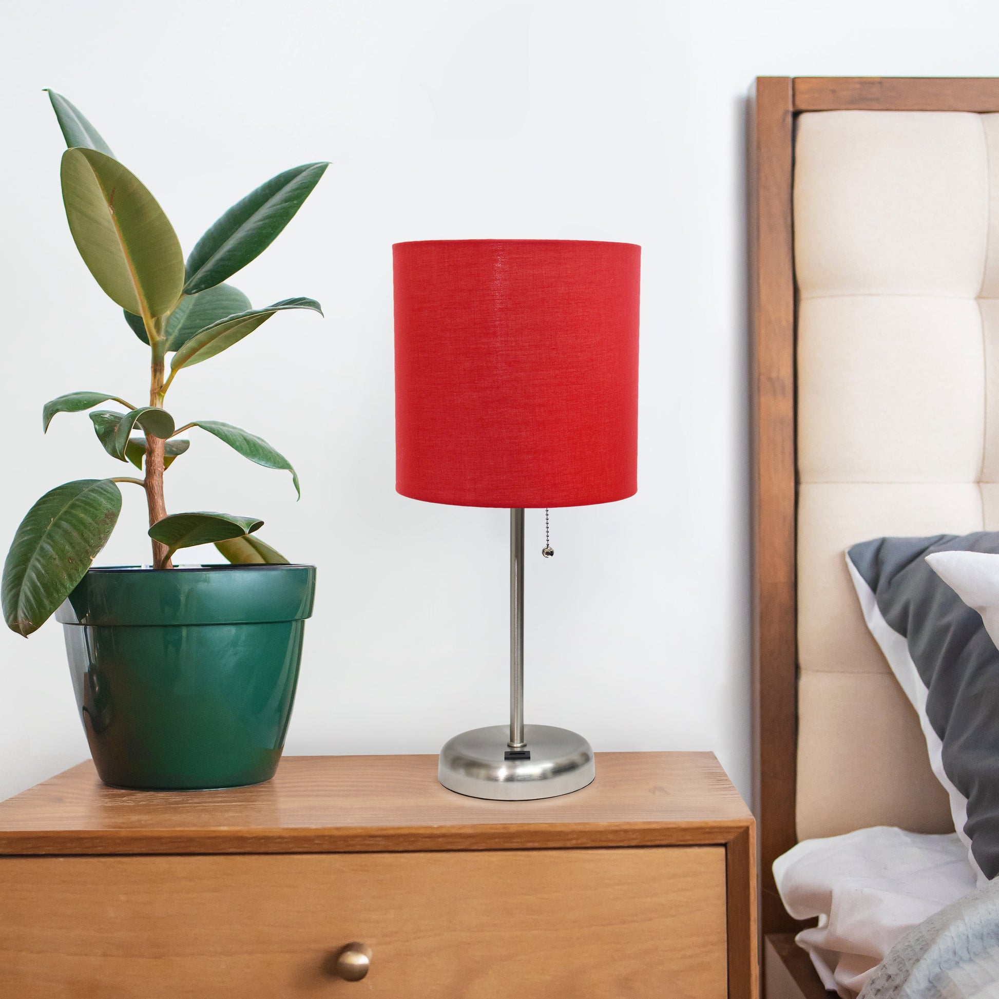 All The Rages Oslo 20" Brushed Steel Base Standard Table Lamp With USB Power Outlet & Red Fabric Shade