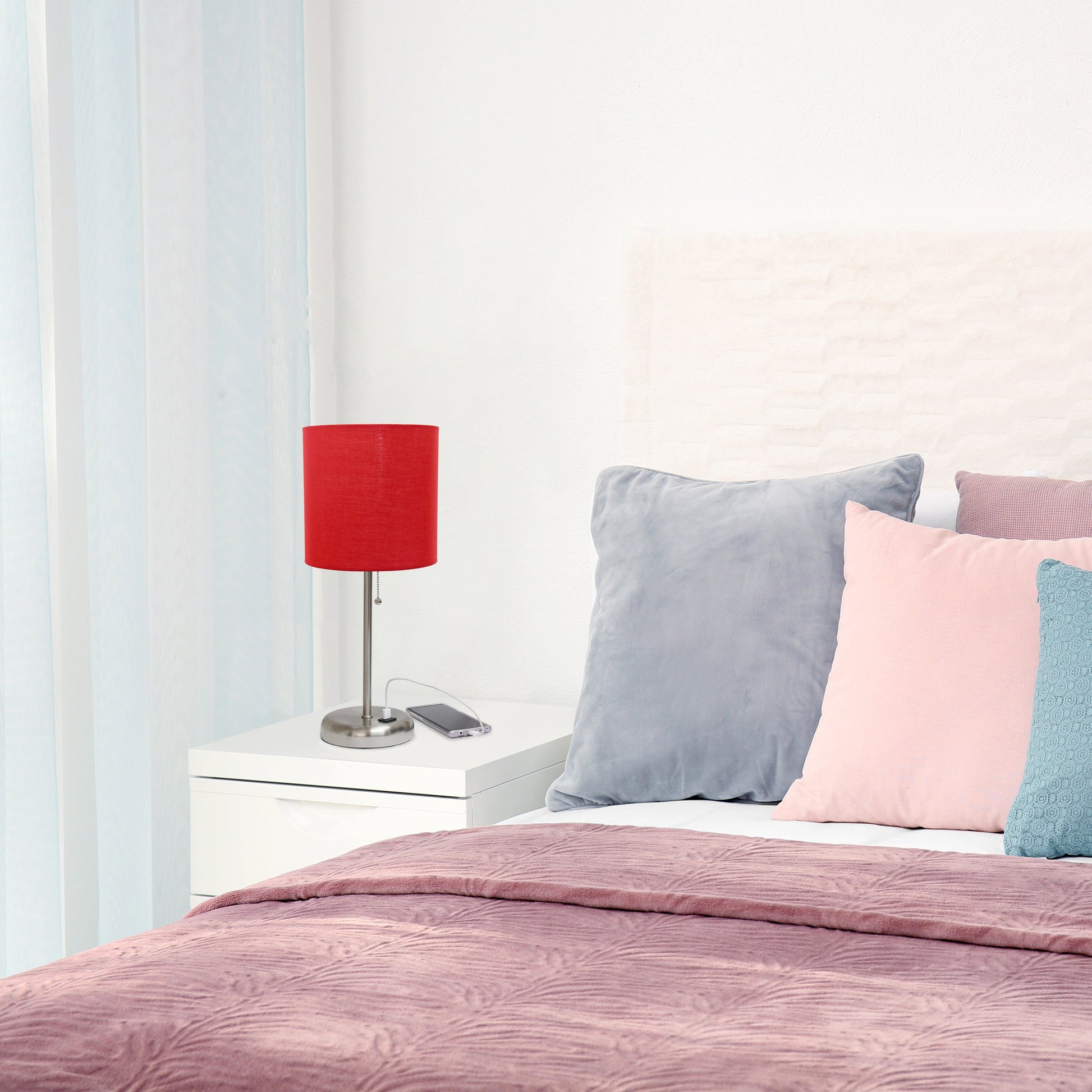 All The Rages Oslo 20" Brushed Steel Base Standard Table Lamp With USB Power Outlet & Red Fabric Shade