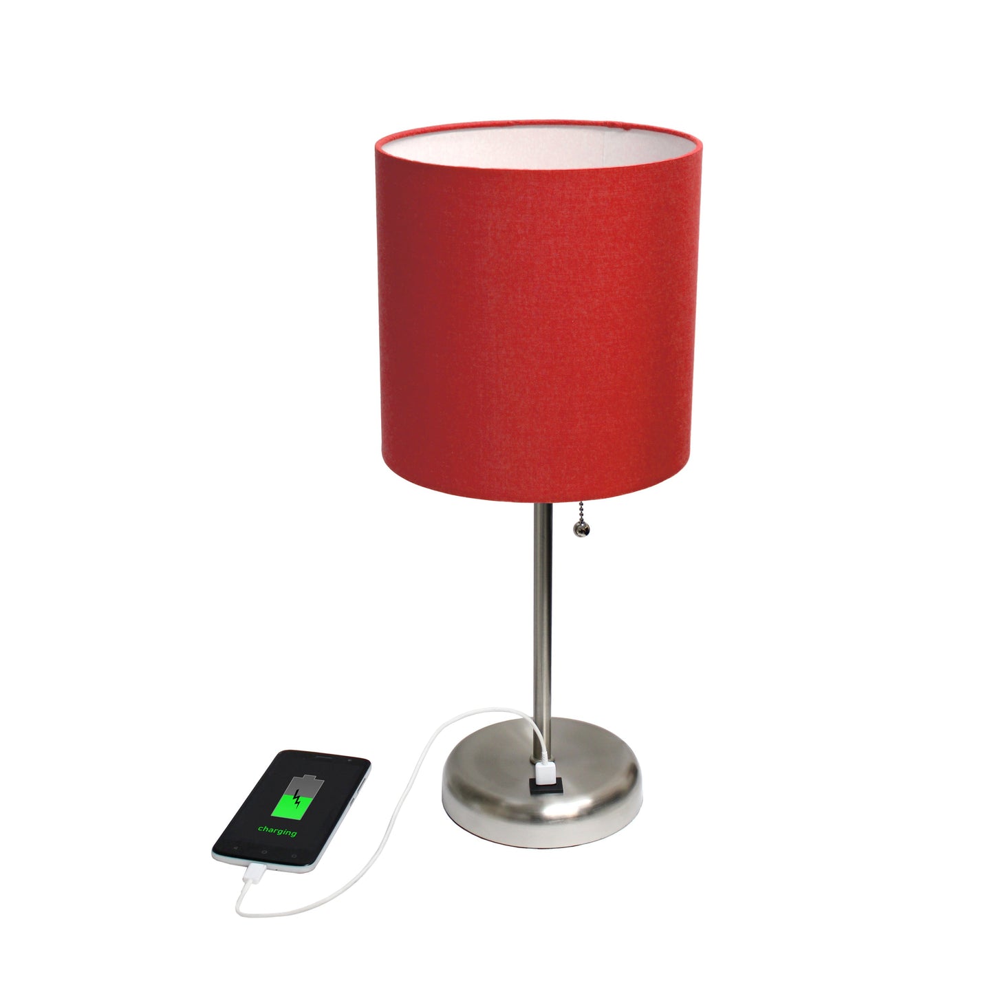All The Rages Oslo 20" Brushed Steel Base Standard Table Lamp With USB Power Outlet & Red Fabric Shade