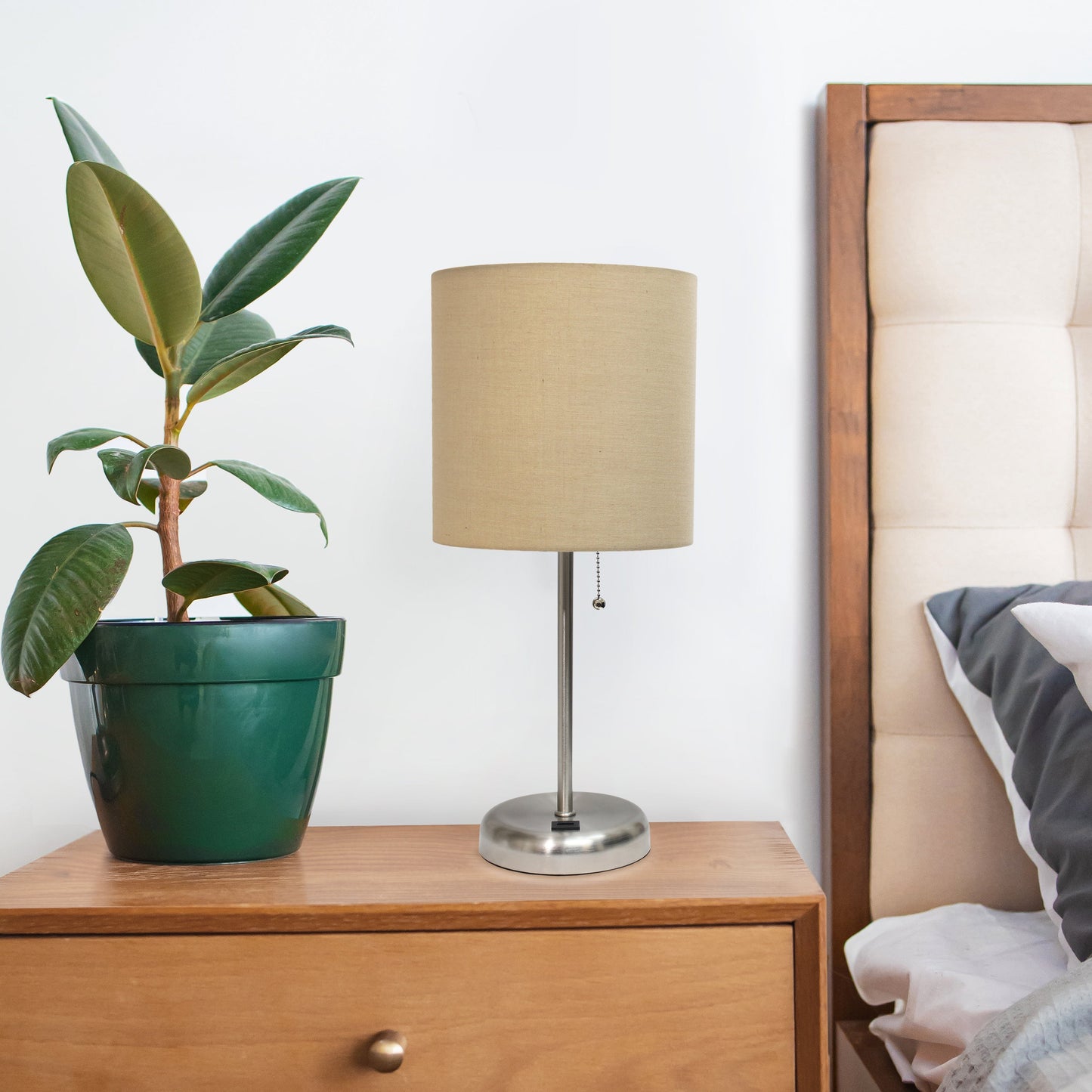 All The Rages Oslo 20" Brushed Steel Base Standard Table Lamp With USB Power Outlet & Tan Fabric Shade