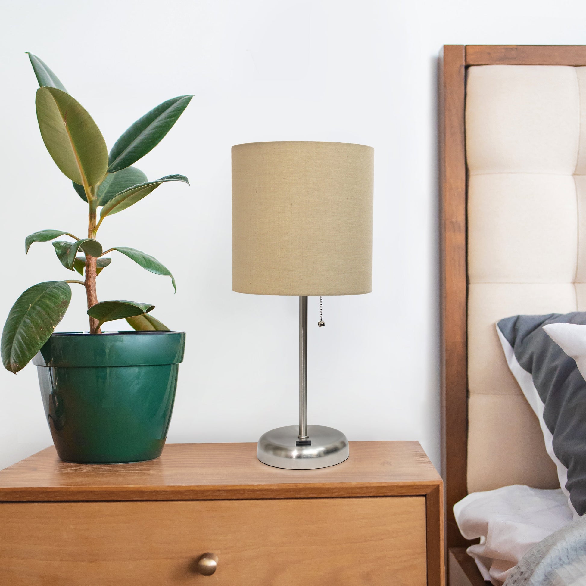 All The Rages Oslo 20" Brushed Steel Base Standard Table Lamp With USB Power Outlet & Tan Fabric Shade