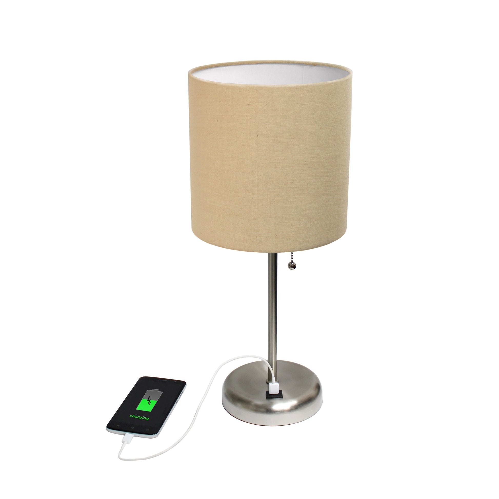 All The Rages Oslo 20" Brushed Steel Base Standard Table Lamp With USB Power Outlet & Tan Fabric Shade