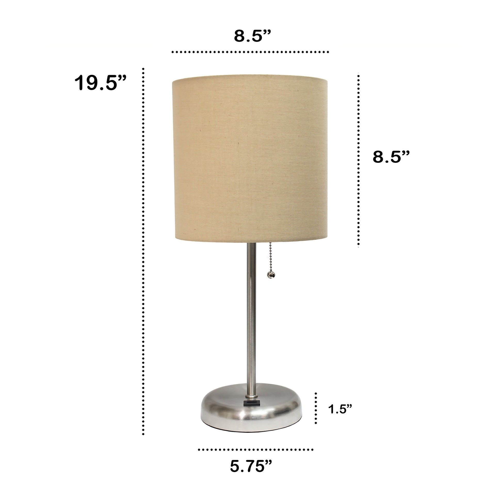 All The Rages Oslo 20" Brushed Steel Base Standard Table Lamp With USB Power Outlet & Tan Fabric Shade
