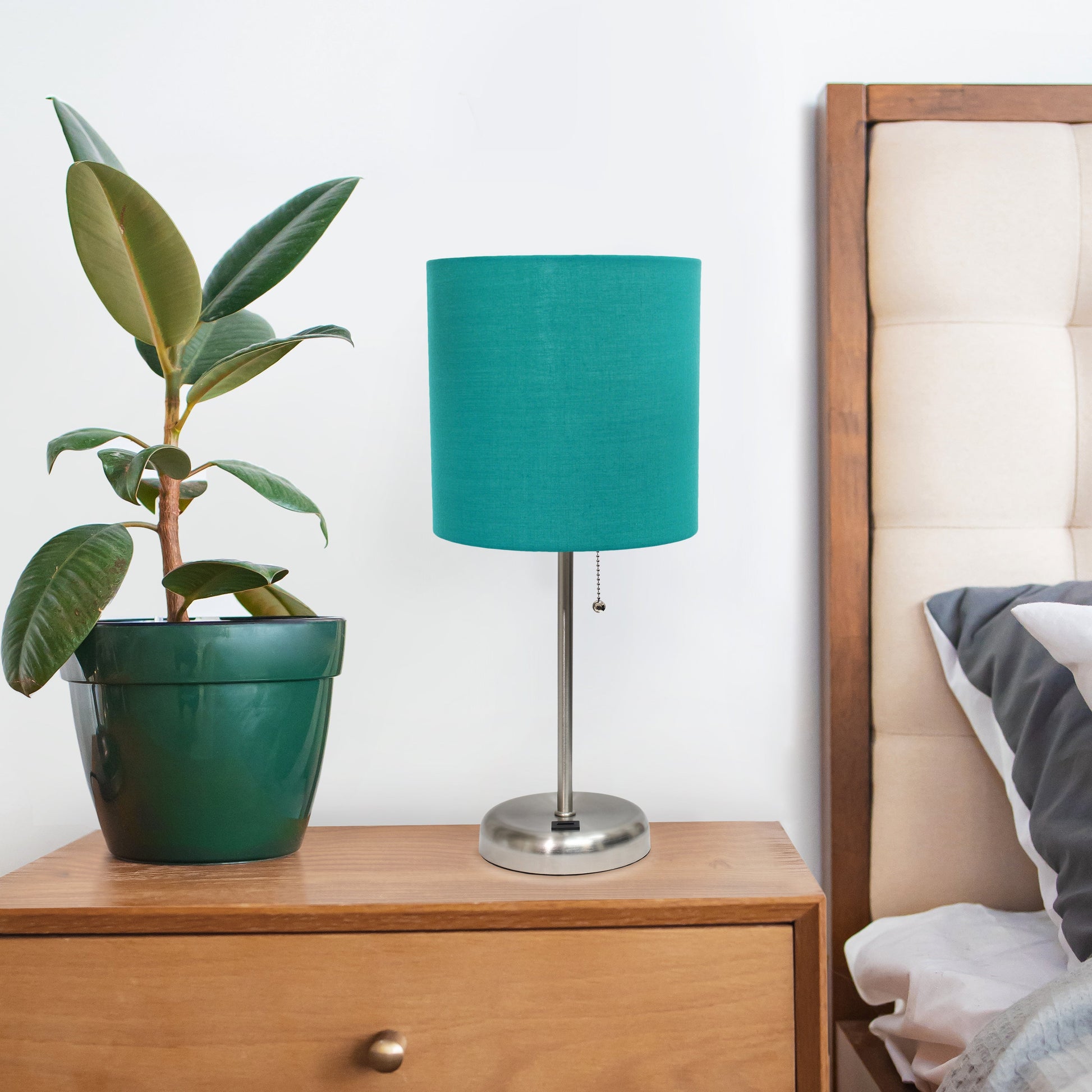 All The Rages Oslo 20" Brushed Steel Base Standard Table Lamp With USB Power Outlet & Teal Fabric Shade