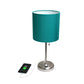 All The Rages Oslo 20" Brushed Steel Base Standard Table Lamp With USB Power Outlet & Teal Fabric Shade