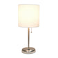 All The Rages Oslo 20" Brushed Steel Base Standard Table Lamp With USB Power Outlet & White Fabric Shade
