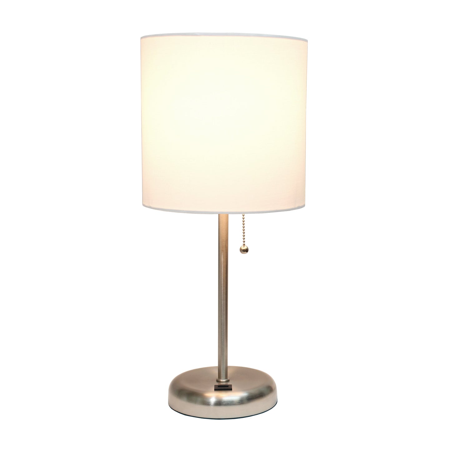 All The Rages Oslo 20" Brushed Steel Base Standard Table Lamp With USB Power Outlet & White Fabric Shade