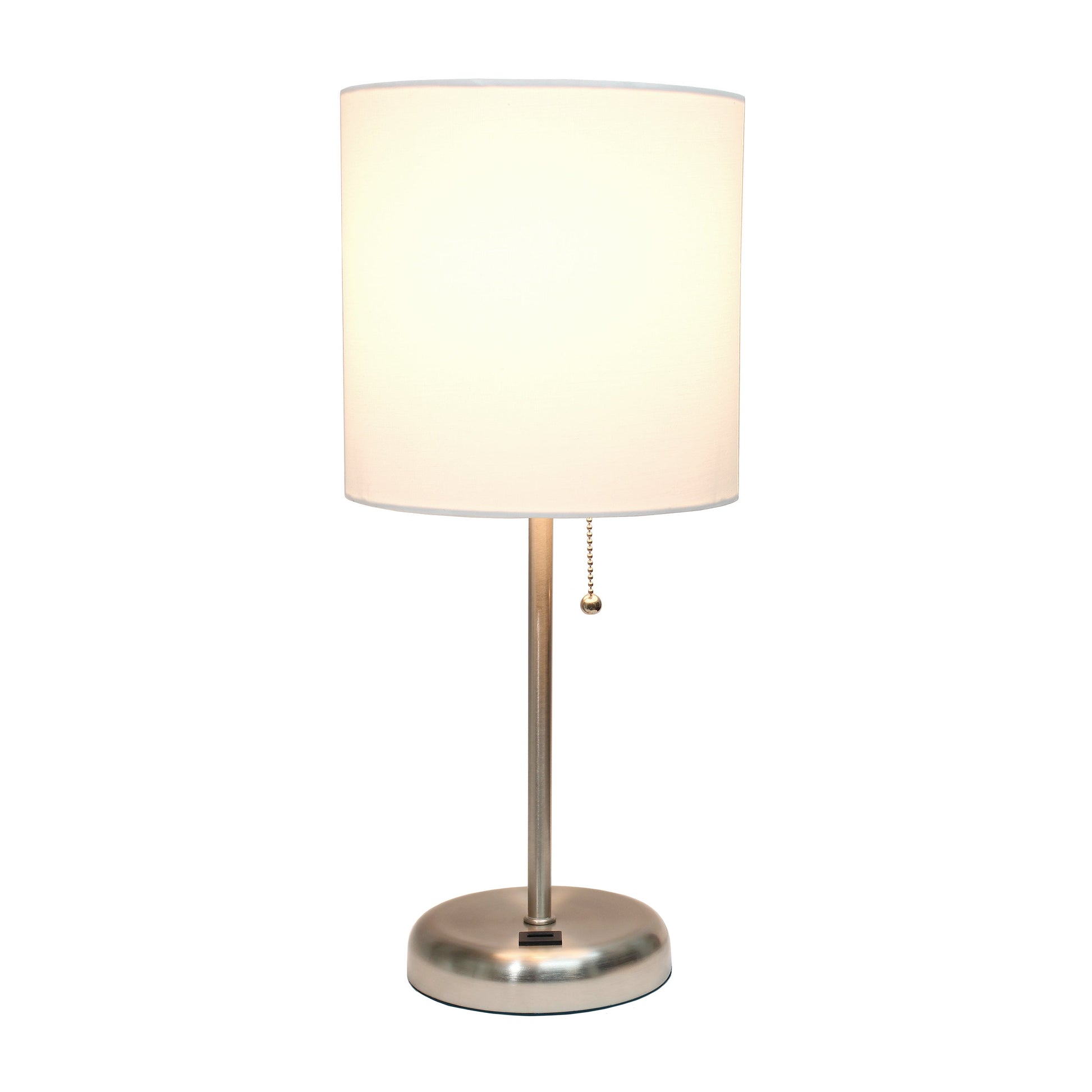All The Rages Oslo 20" Brushed Steel Base Standard Table Lamp With USB Power Outlet & White Fabric Shade