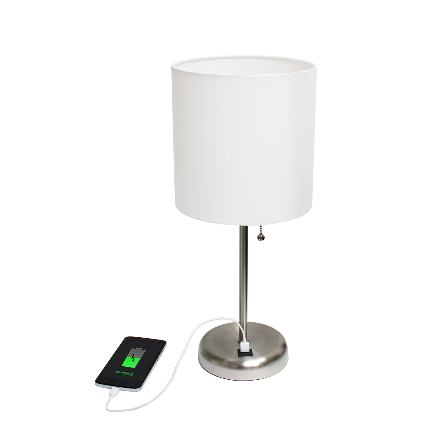 All The Rages Oslo 20" Brushed Steel Base Standard Table Lamp With USB Power Outlet & White Fabric Shade