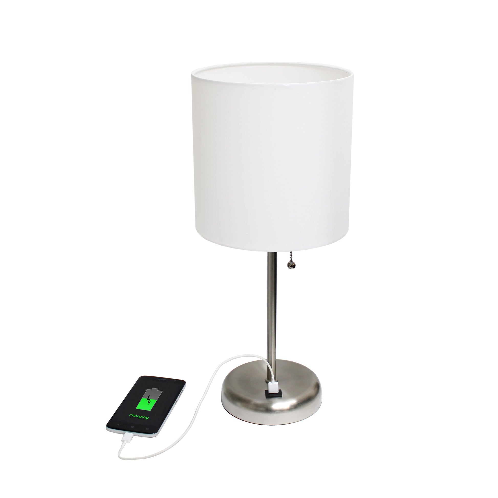 All The Rages Oslo 20" Brushed Steel Base Standard Table Lamp With USB Power Outlet & White Fabric Shade
