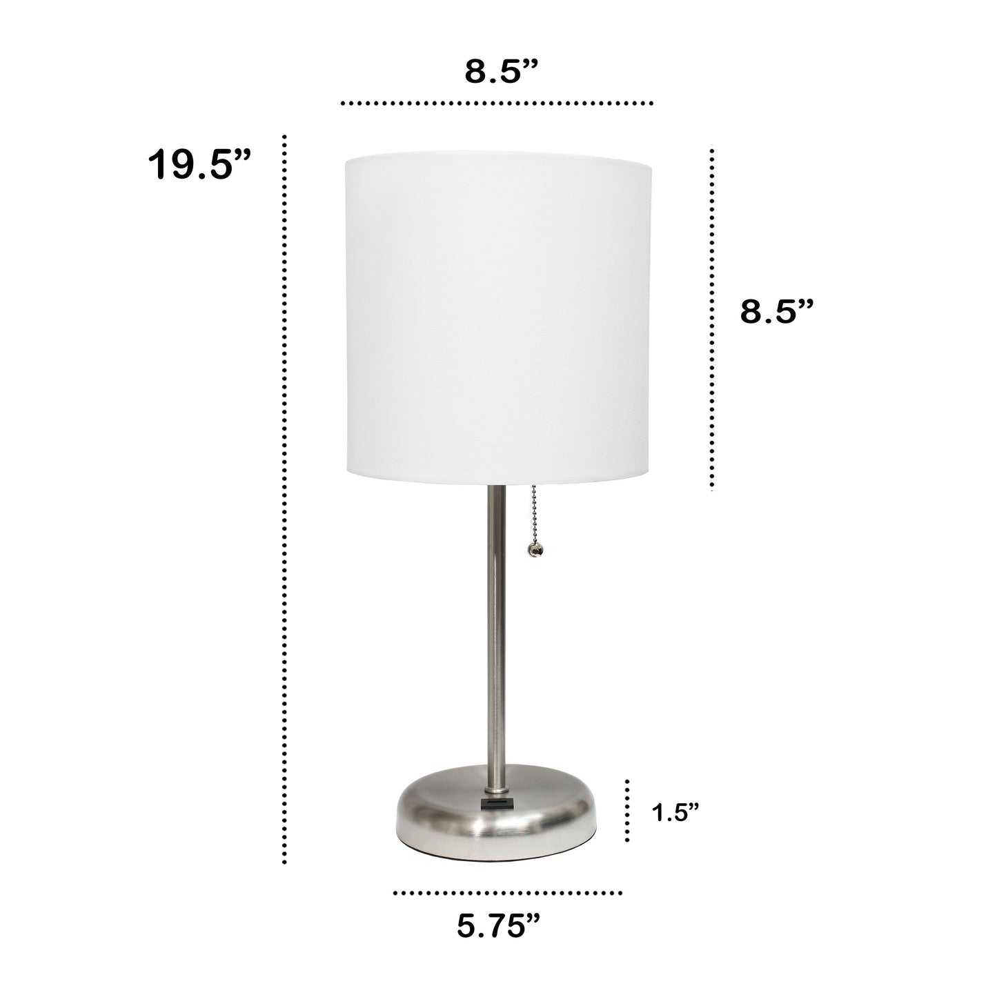 All The Rages Oslo 20" Brushed Steel Base Standard Table Lamp With USB Power Outlet & White Fabric Shade