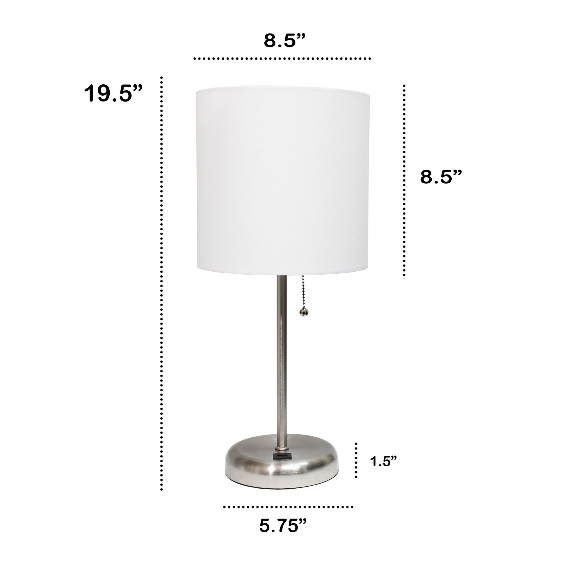All The Rages Oslo 20" Brushed Steel Base Standard Table Lamp With USB Power Outlet & White Fabric Shade