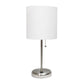 All The Rages Oslo 20" Brushed Steel Base Standard Table Lamp With USB Power Outlet & White Fabric Shade