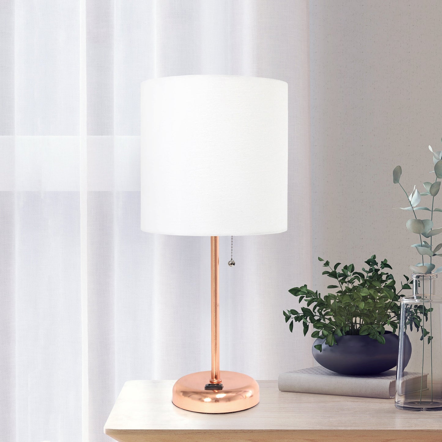 All The Rages Oslo 20" Rose Gold Base Standard Table Lamp With Power Outlet & White Fabric Shade