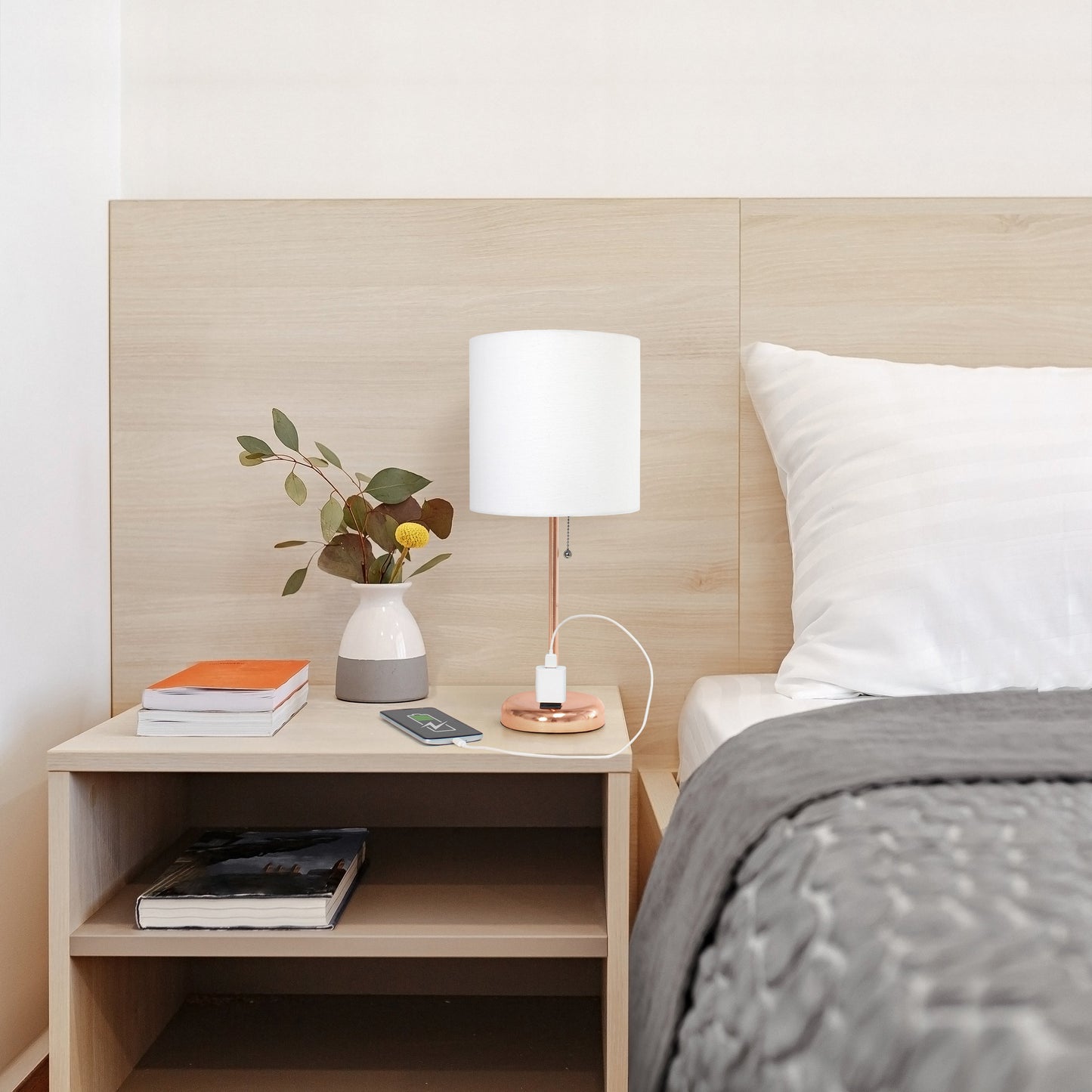 All The Rages Oslo 20" Rose Gold Base Standard Table Lamp With Power Outlet & White Fabric Shade