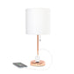 All The Rages Oslo 20" Rose Gold Base Standard Table Lamp With Power Outlet & White Fabric Shade