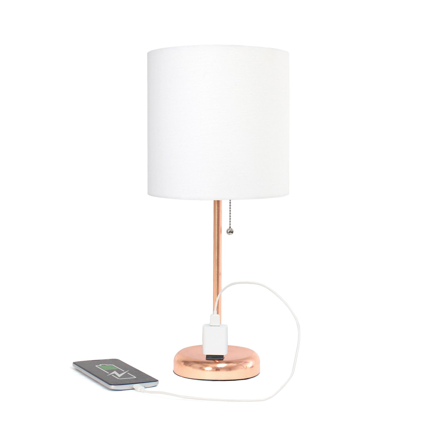 All The Rages Oslo 20" Rose Gold Base Standard Table Lamp With Power Outlet & White Fabric Shade