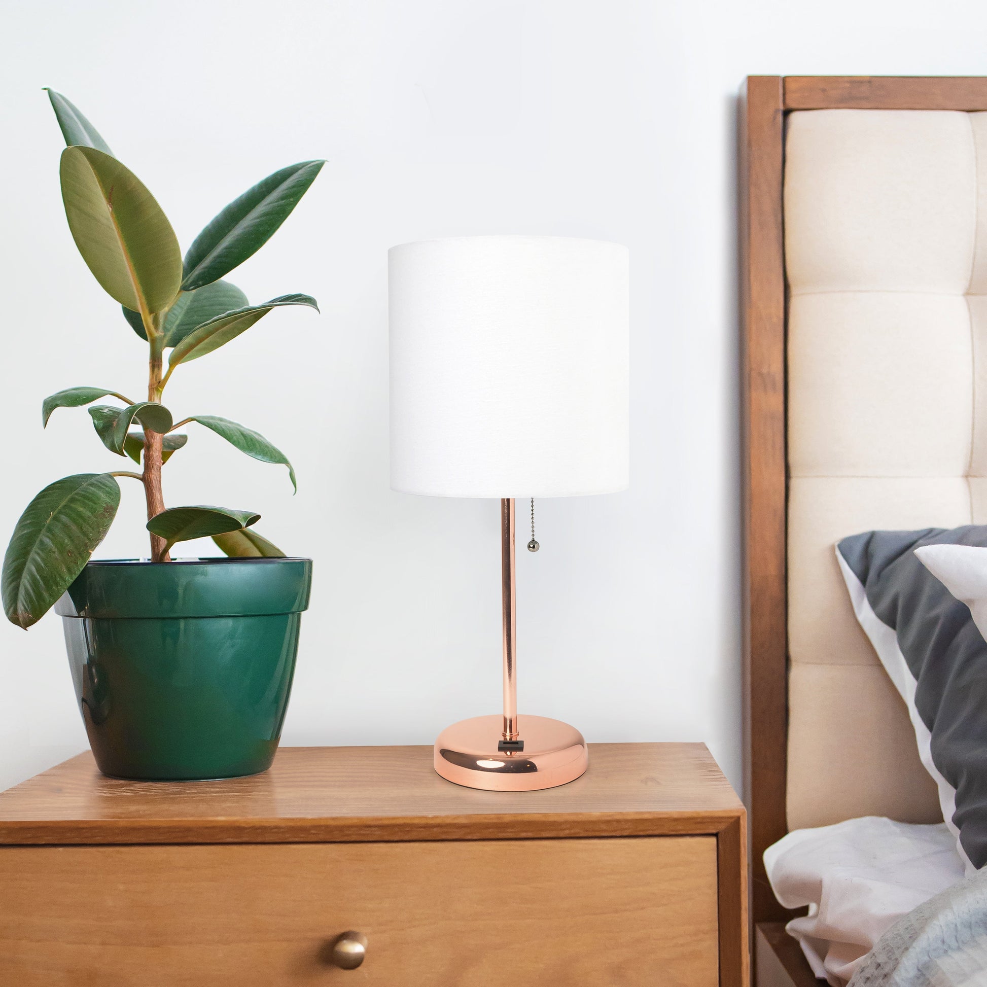 All The Rages Oslo 20" Rose Gold Base Standard Table Lamp With USB Power Outlet & White Fabric Shade