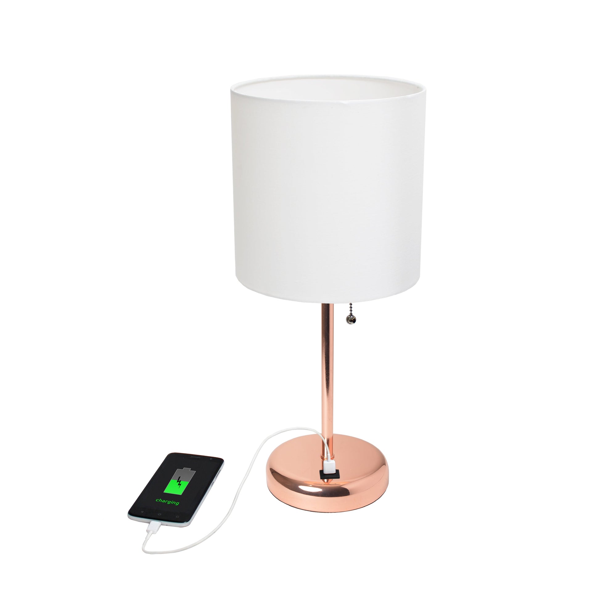 All The Rages Oslo 20" Rose Gold Base Standard Table Lamp With USB Power Outlet & White Fabric Shade