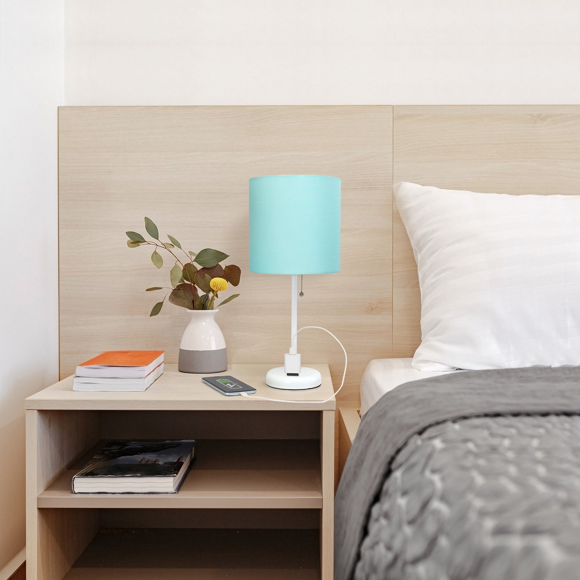 All The Rages Oslo 20" White Base Standard Table Lamp With Power Outlet In Aqua Fabric Shade