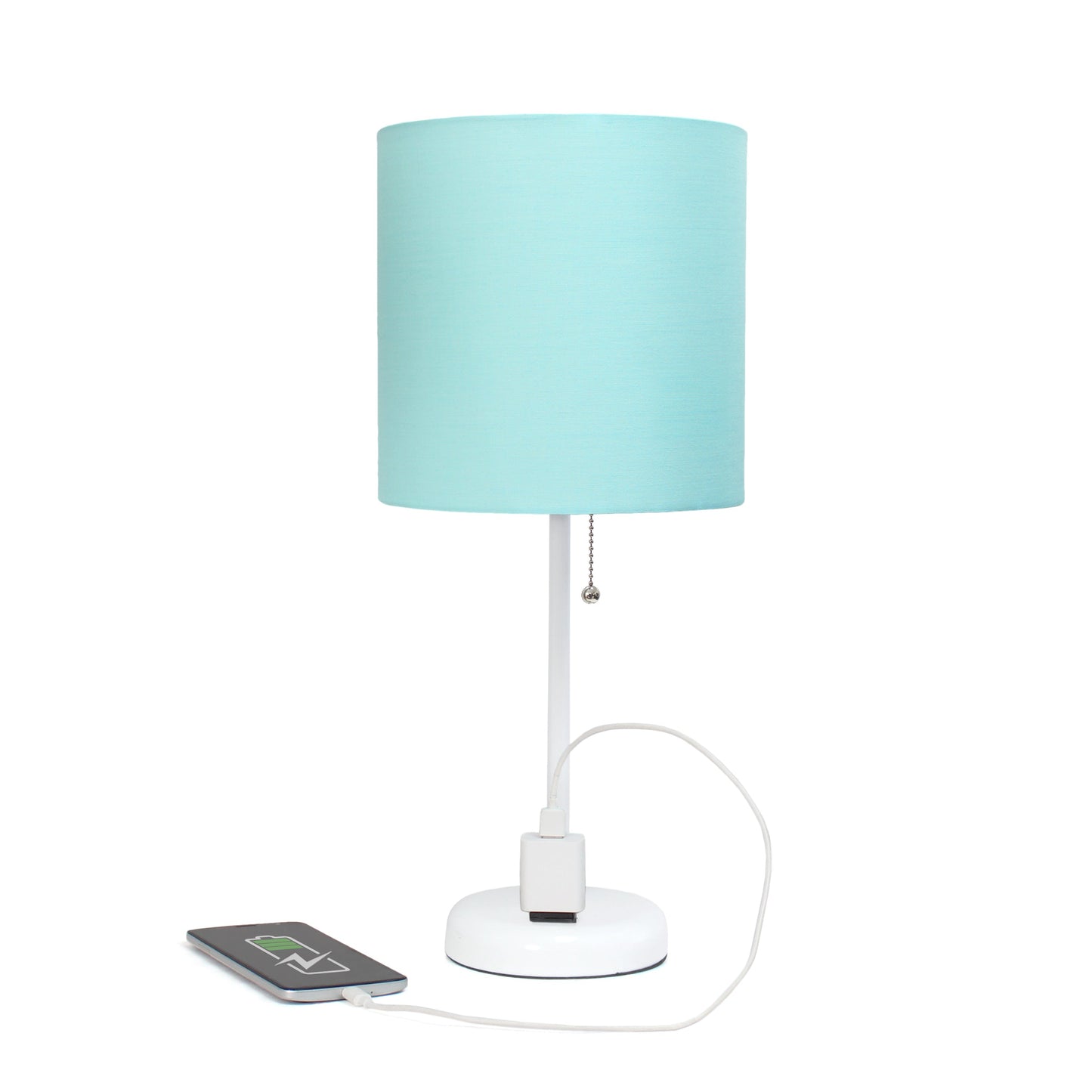 All The Rages Oslo 20" White Base Standard Table Lamp With Power Outlet In Aqua Fabric Shade
