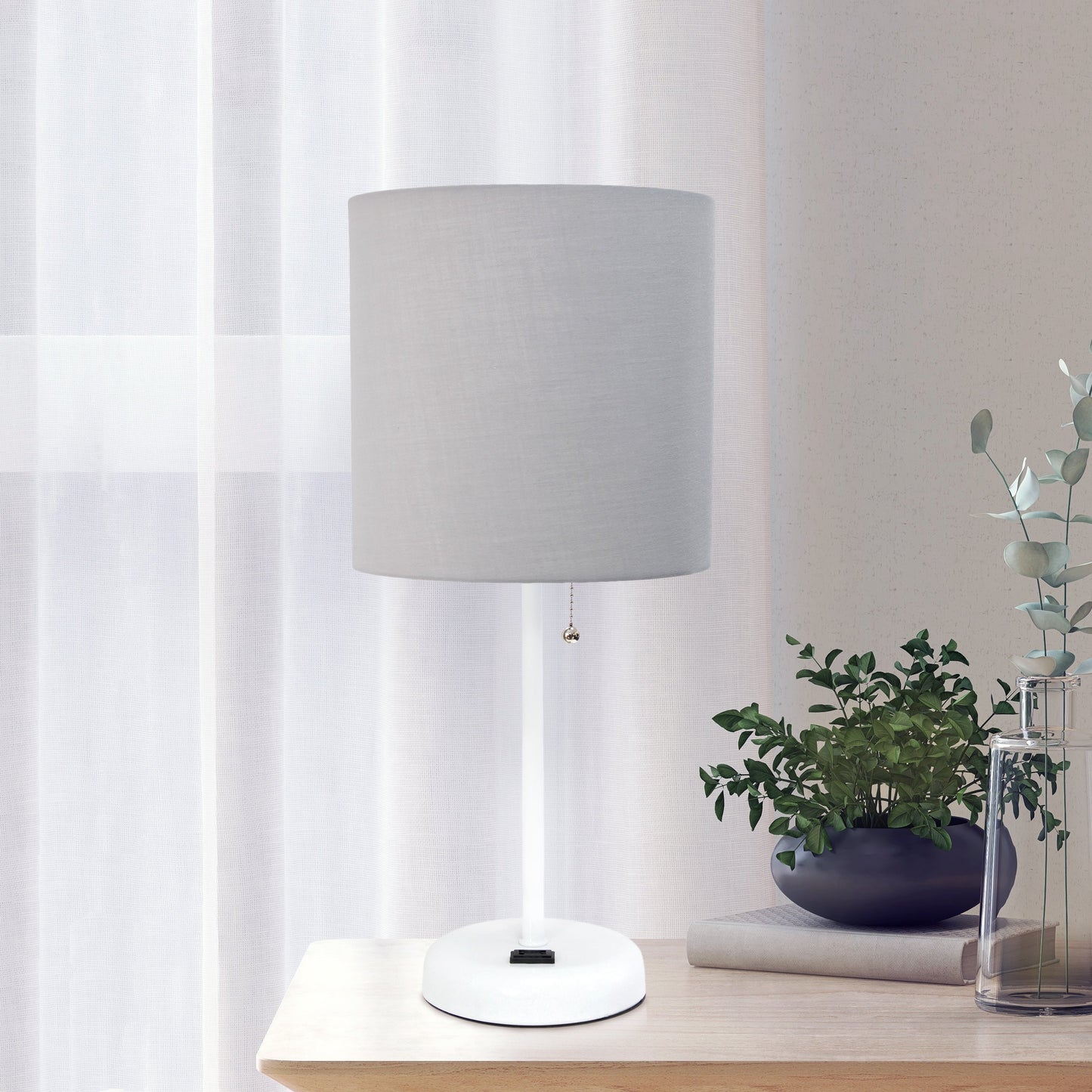 All The Rages Oslo 20" White Base Standard Table Lamp With Power Outlet In Gray Fabric Shade