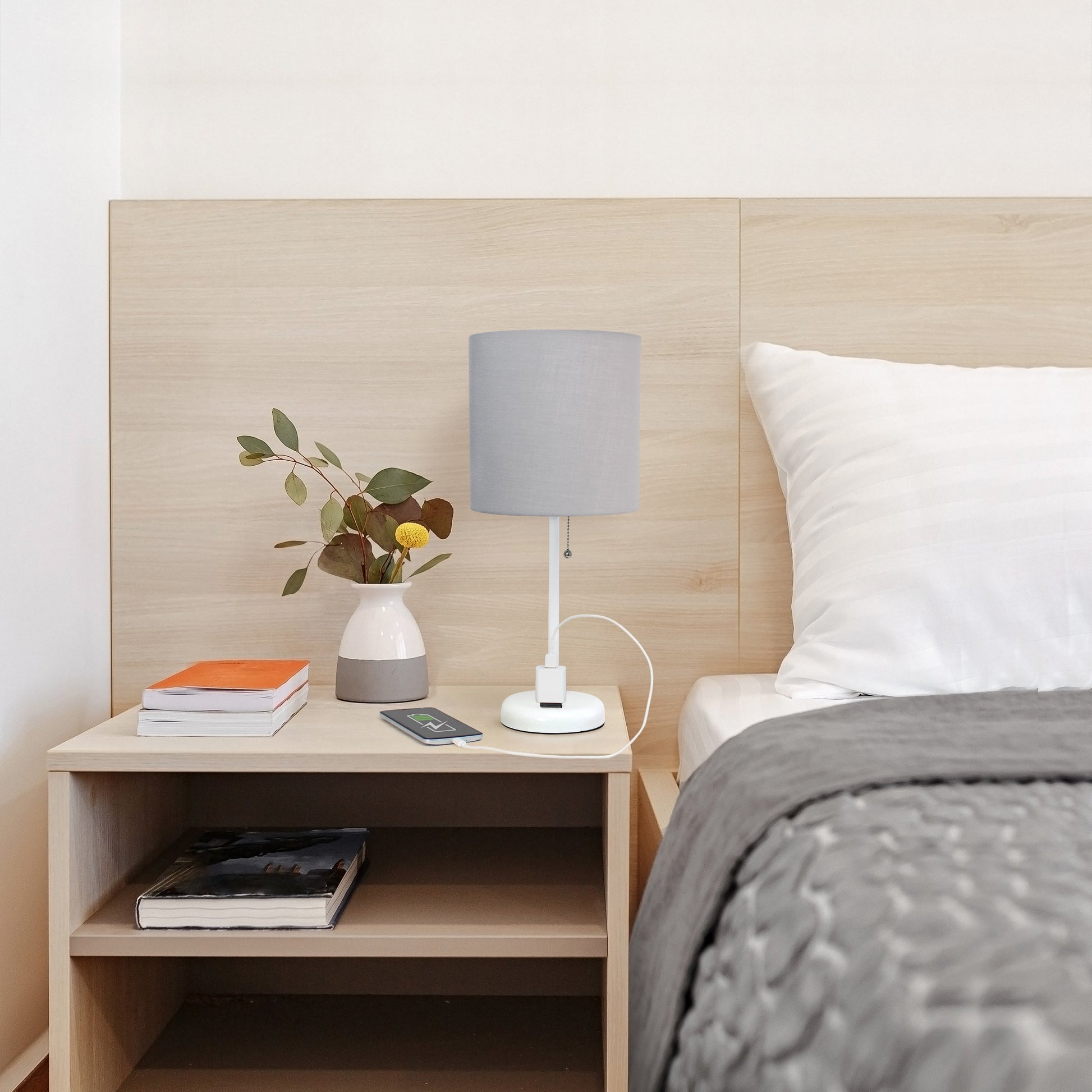All The Rages Oslo 20" White Base Standard Table Lamp With Power Outlet In Gray Fabric Shade