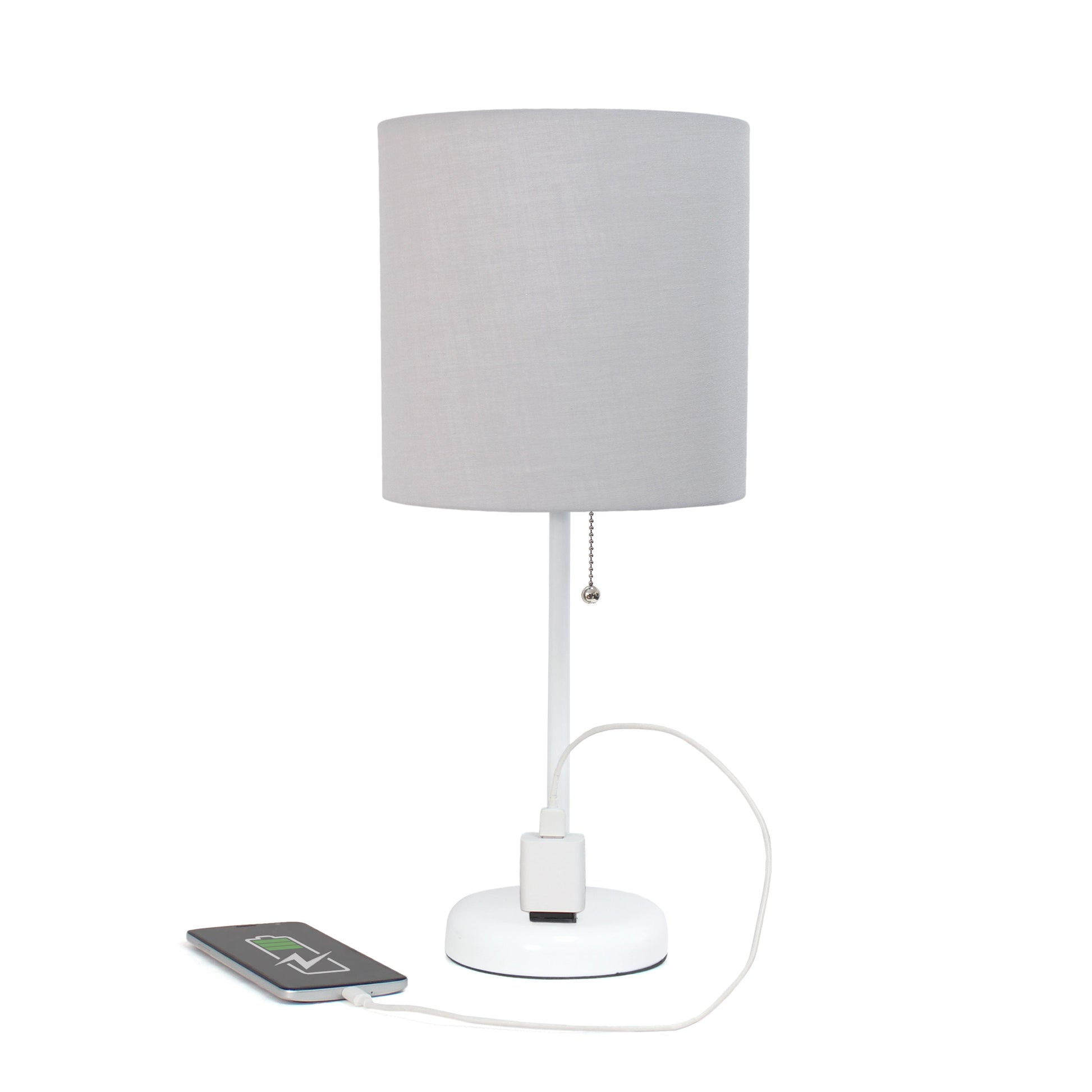 All The Rages Oslo 20" White Base Standard Table Lamp With Power Outlet In Gray Fabric Shade