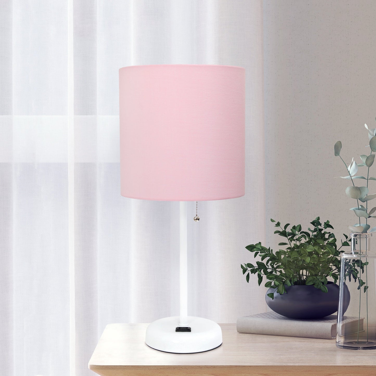 All The Rages Oslo 20" White Base Standard Table Lamp With Power Outlet In Light Pink Fabric Shade