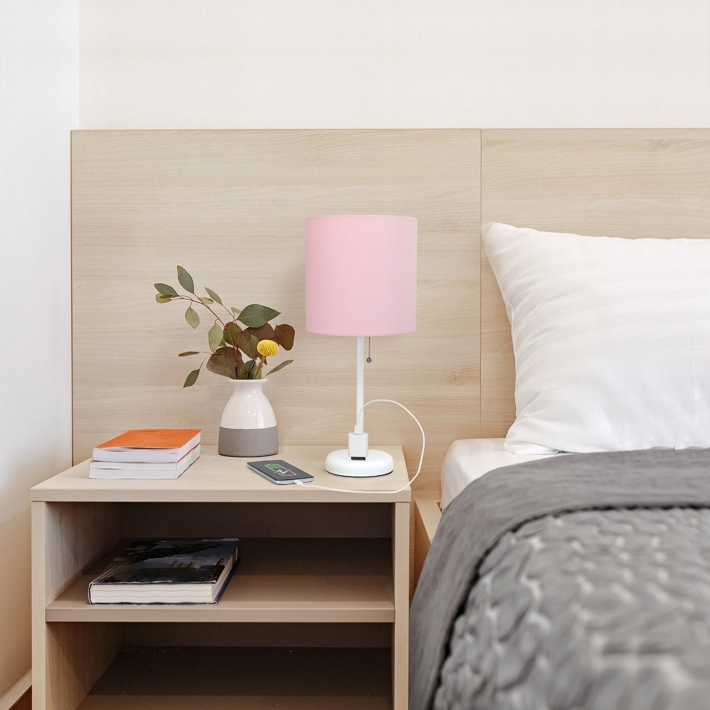 All The Rages Oslo 20" White Base Standard Table Lamp With Power Outlet In Light Pink Fabric Shade