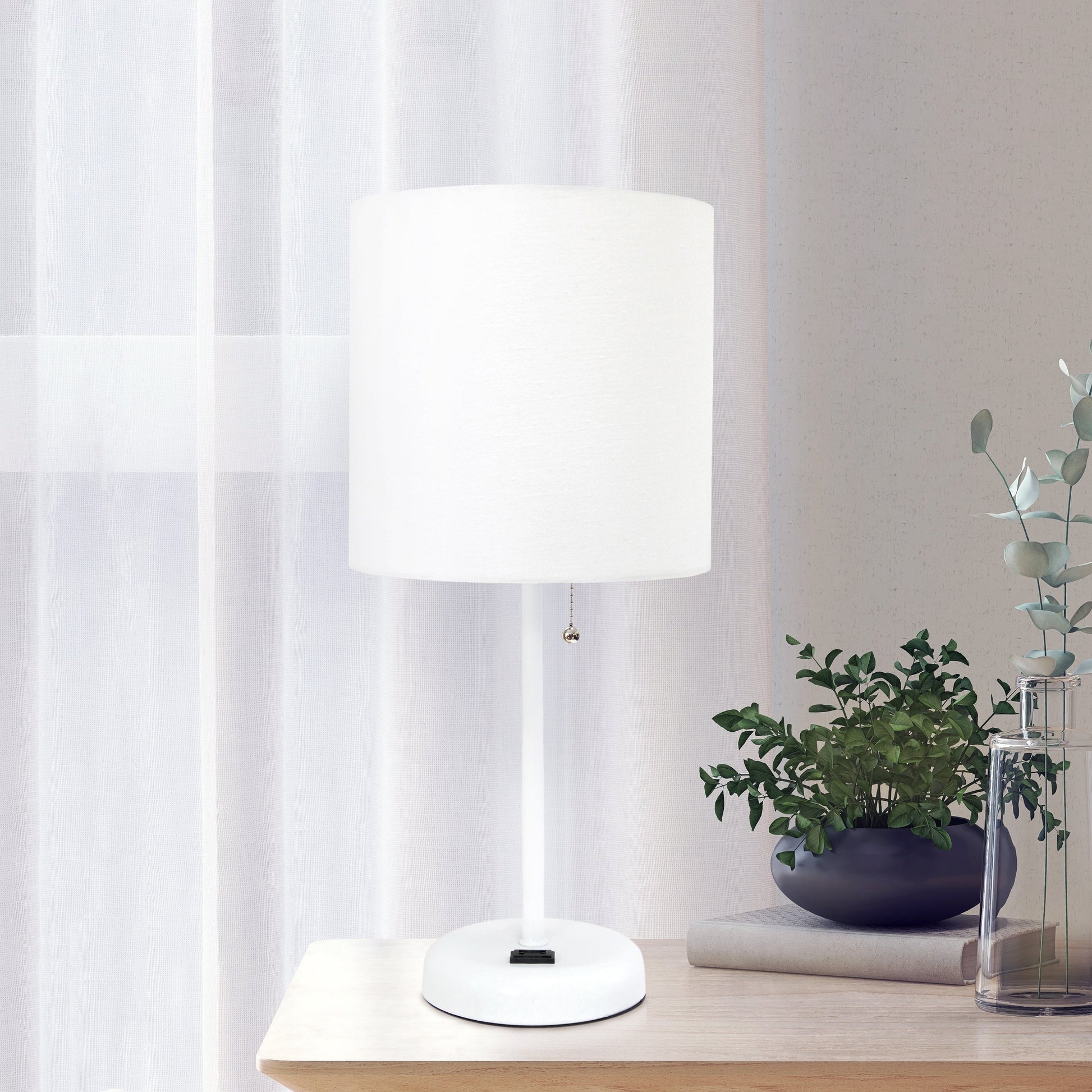 All The Rages Oslo 20" White Base Standard Table Lamp With Power Outlet In White Fabric Shade
