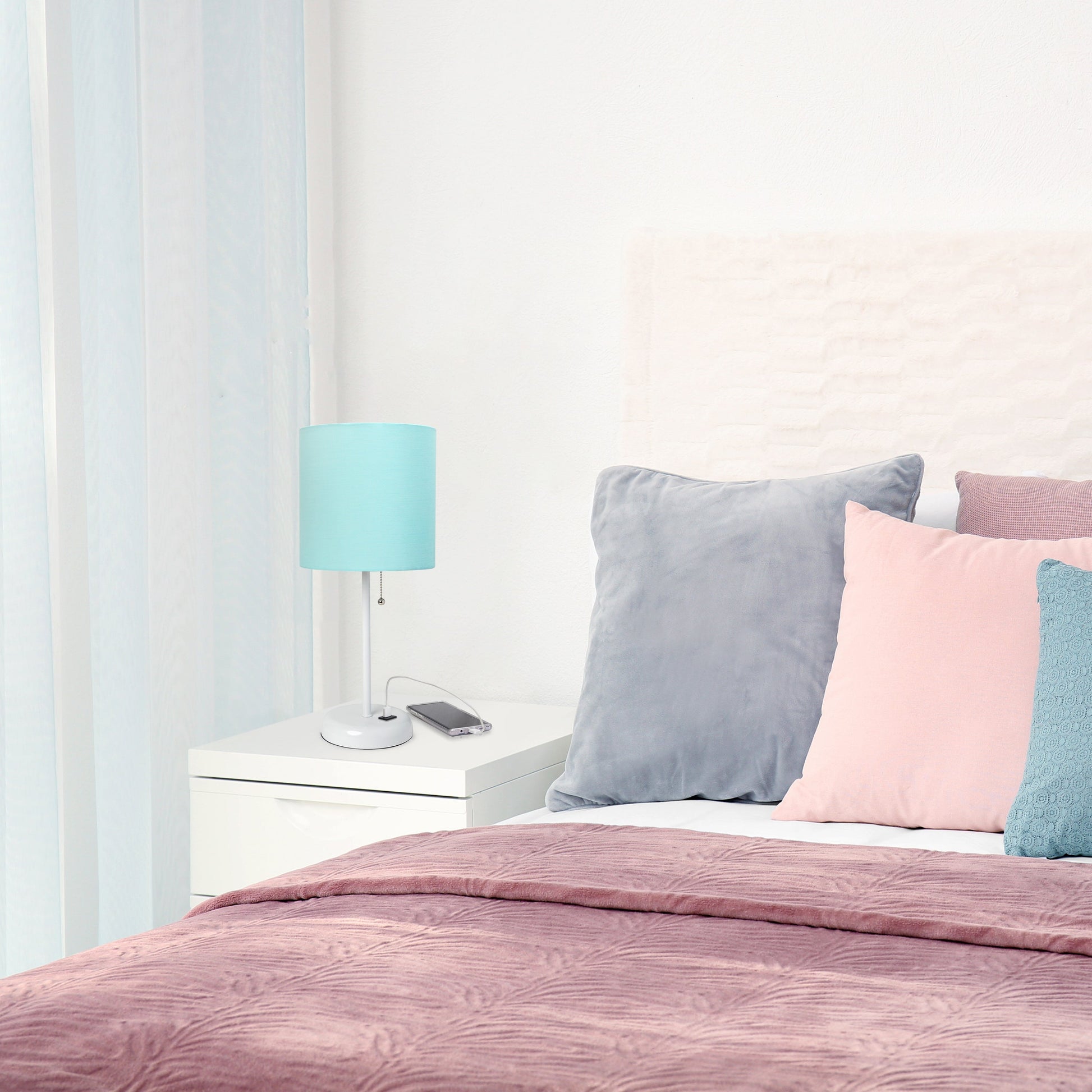 All The Rages Oslo 20" White Base Standard Table Lamp With USB Power Outlet & Aqua Fabric Shade