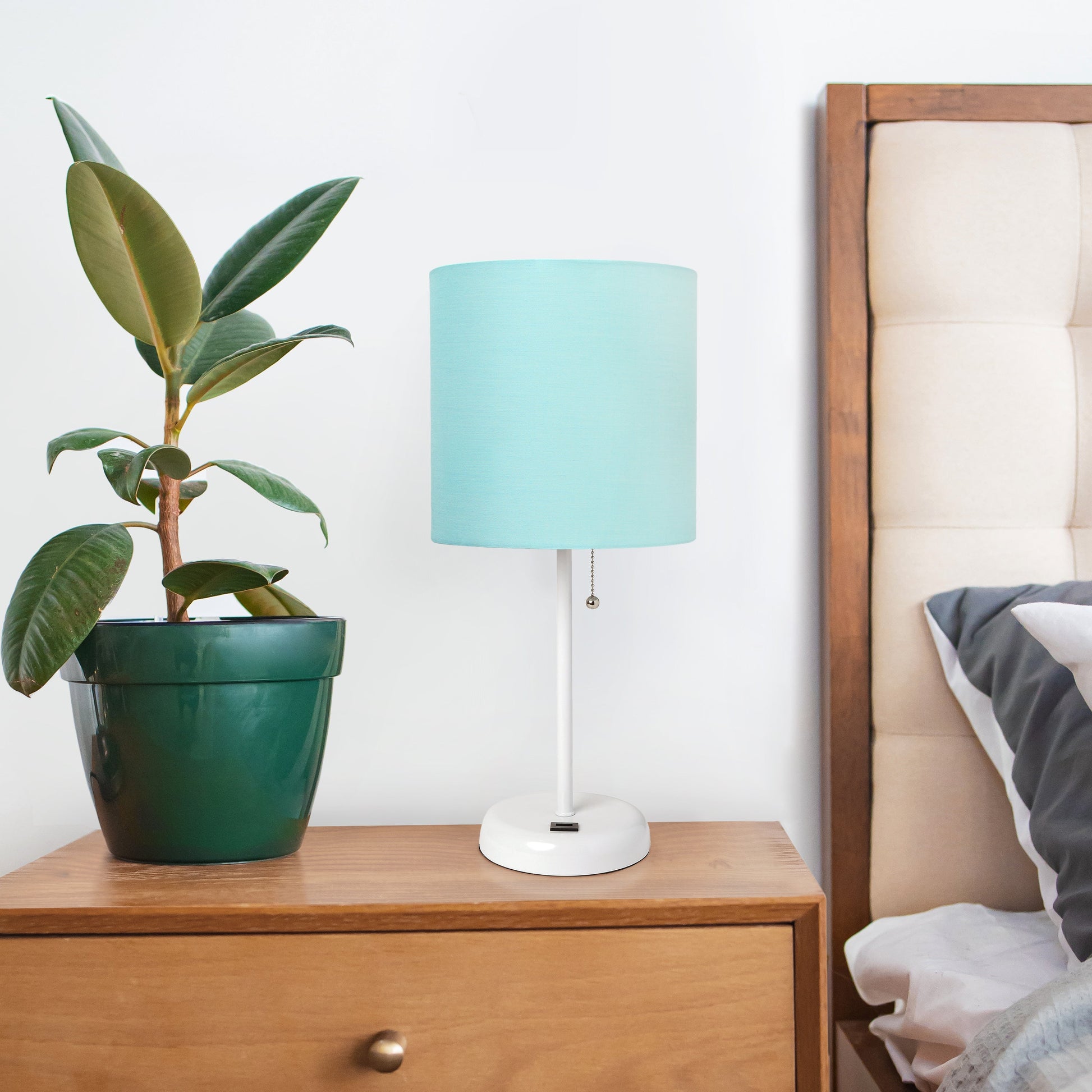 All The Rages Oslo 20" White Base Standard Table Lamp With USB Power Outlet & Aqua Fabric Shade