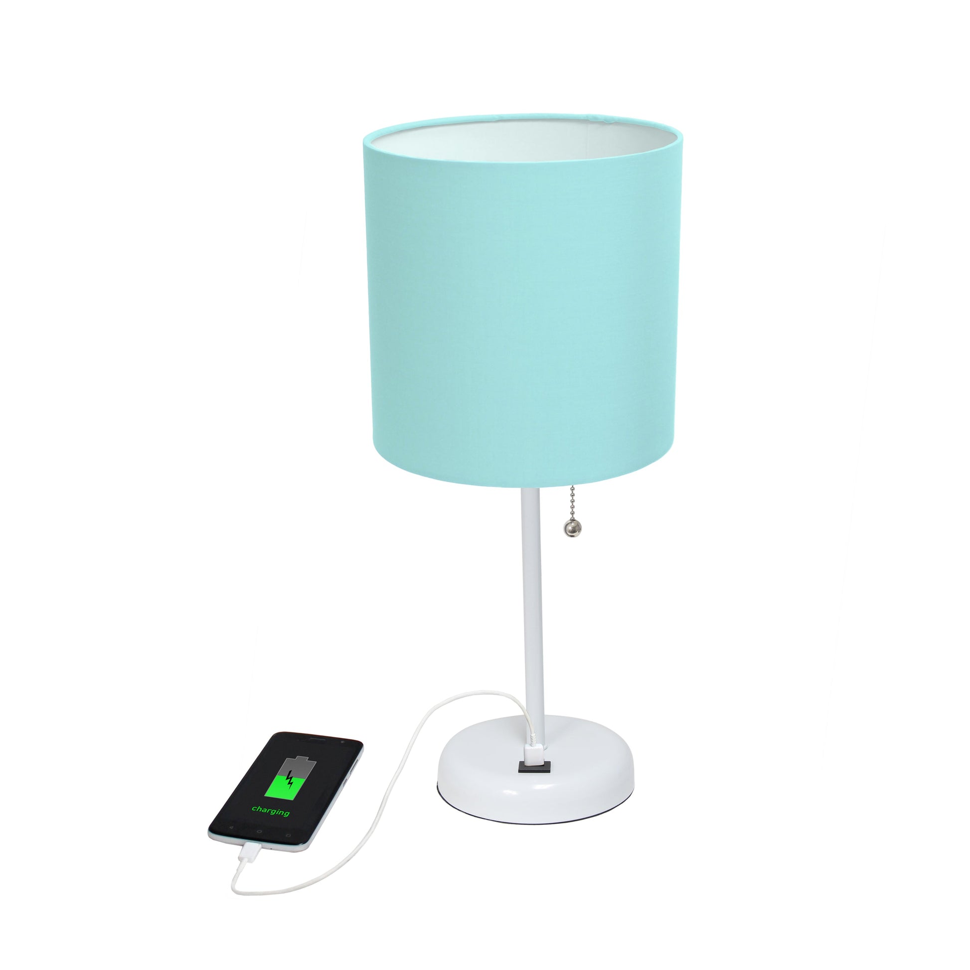 All The Rages Oslo 20" White Base Standard Table Lamp With USB Power Outlet & Aqua Fabric Shade