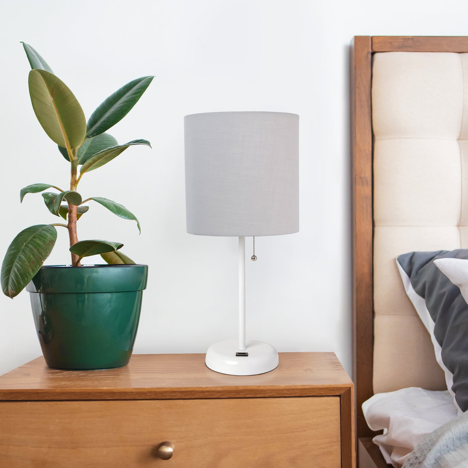 All The Rages Oslo 20" White Base Standard Table Lamp With USB Power Outlet & Gray Fabric Shade