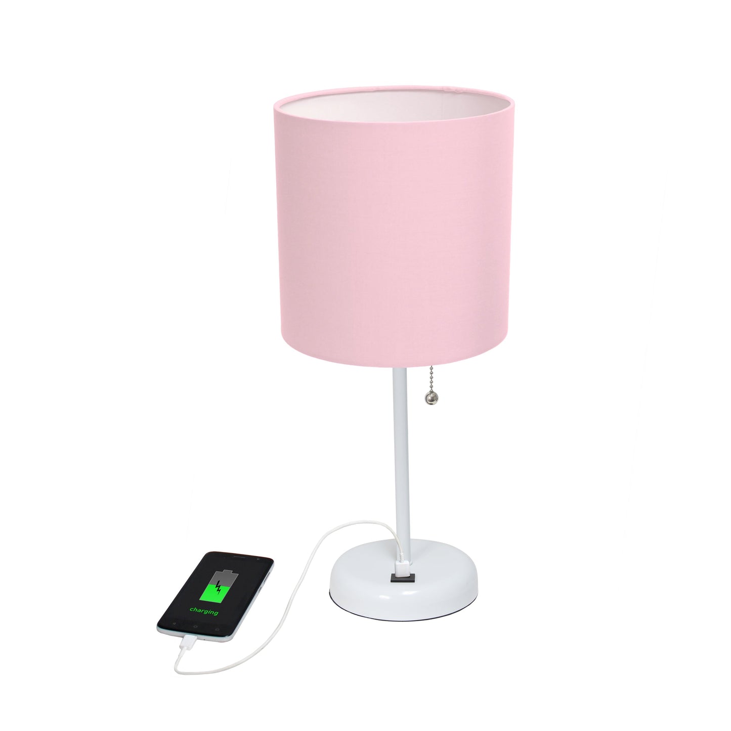 All The Rages Oslo 20" White Base Standard Table Lamp With USB Power Outlet & Light Pink Fabric Shade