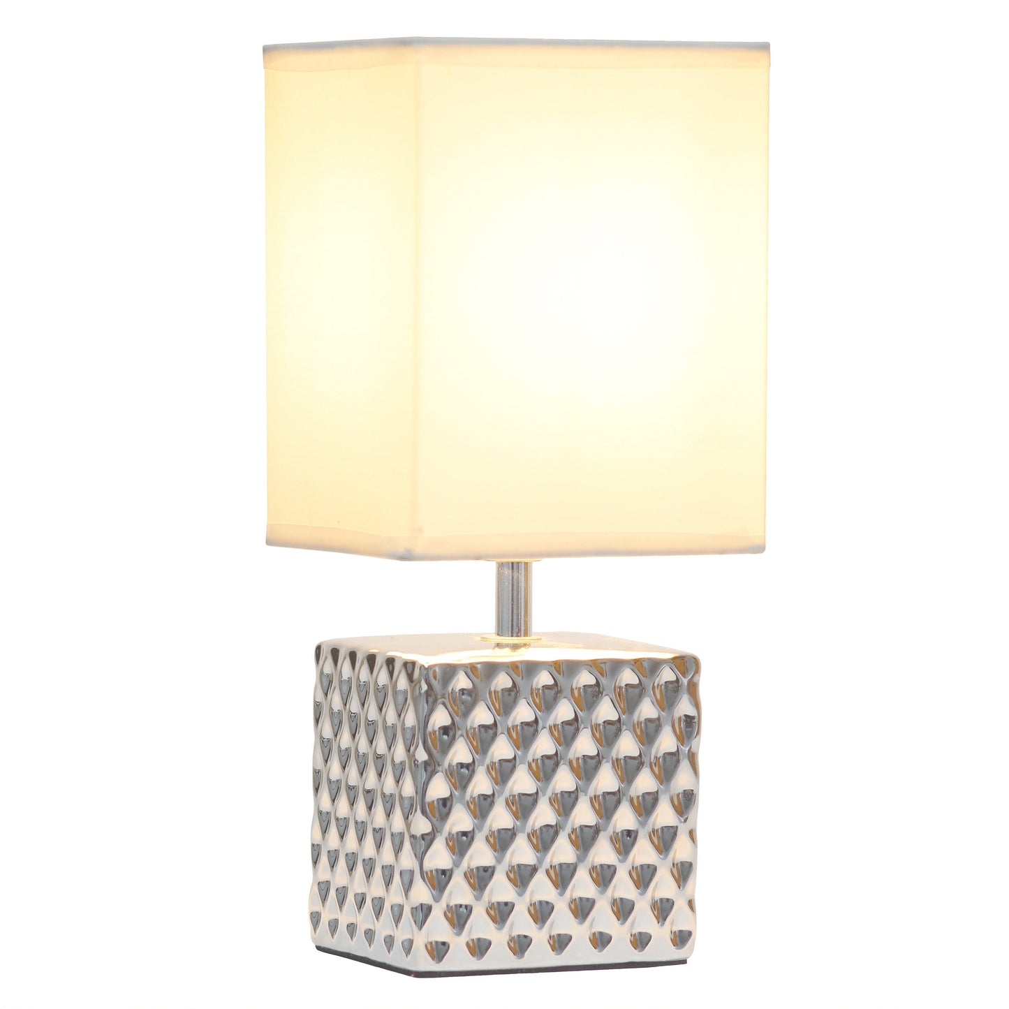All The Rages Simple Designs 12" Hammered Metallic Chrome Square Table Lamp With Rectangular White Fabric Shade