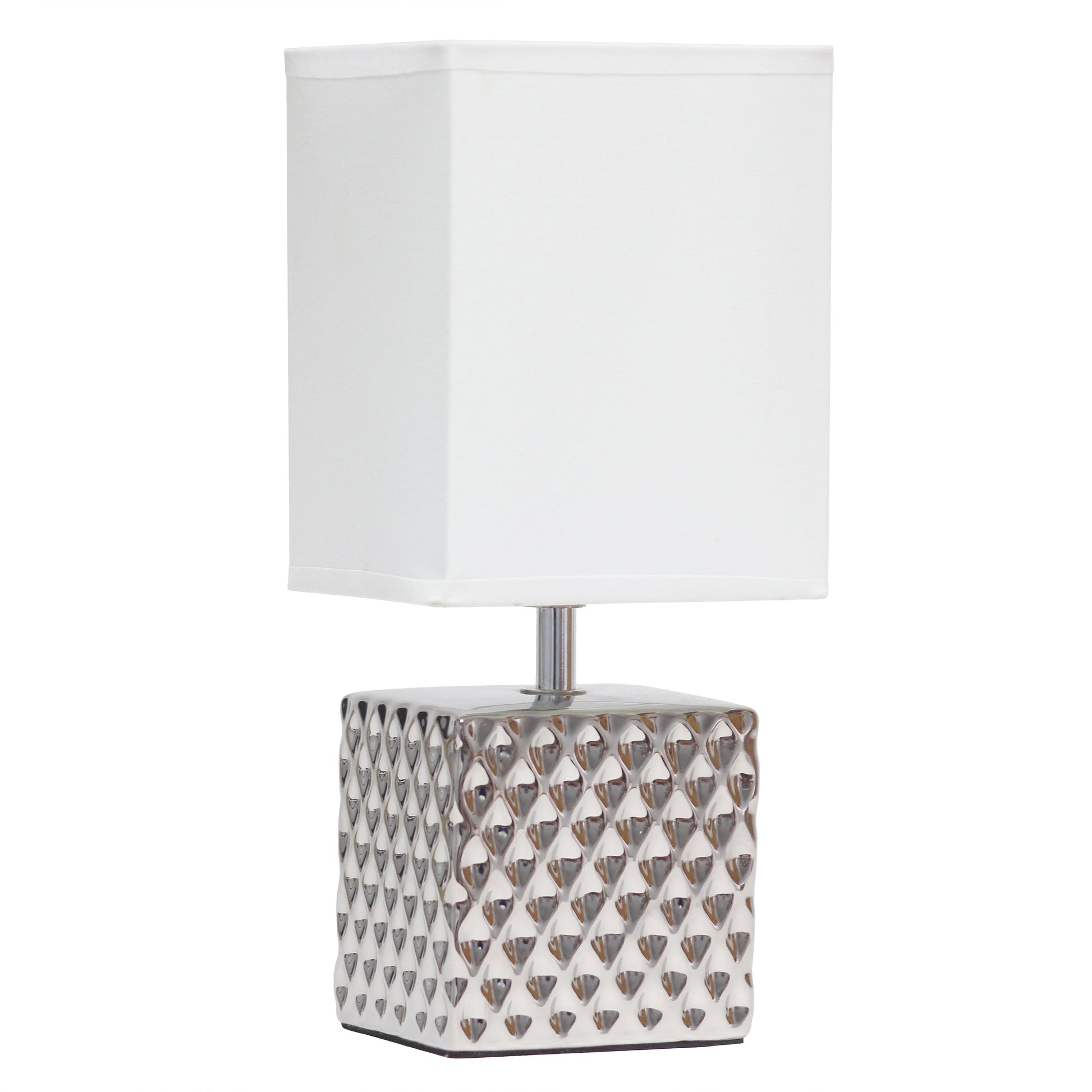 All The Rages Simple Designs 12" Hammered Metallic Chrome Square Table Lamp With Rectangular White Fabric Shade