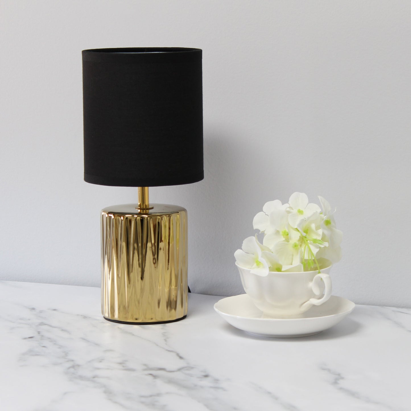 All The Rages Simple Designs 12" Ruffled Metallic Gold Capsule Table Lamp With Black Drum Fabric Shade